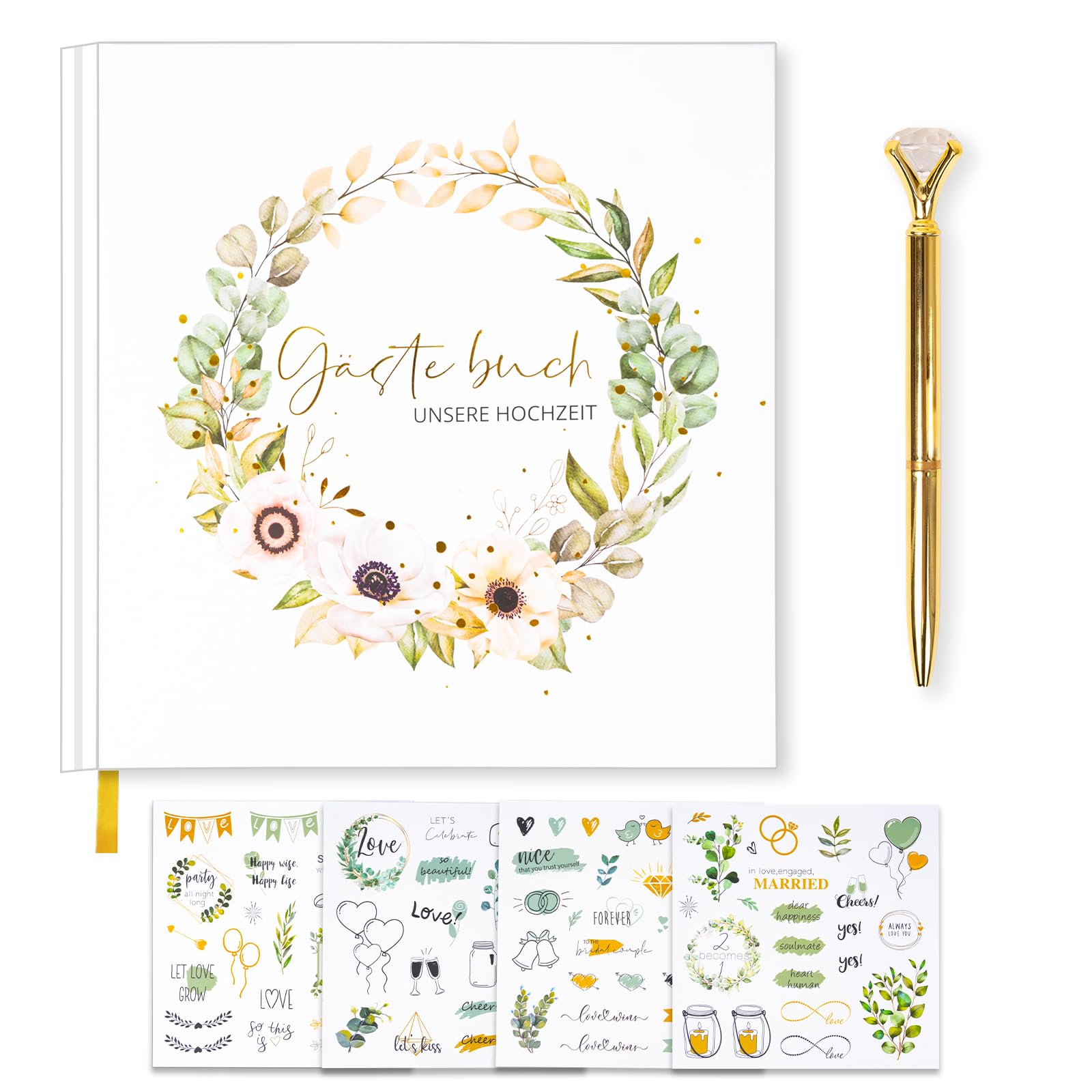 Libro de Bodas, Libro de visitas Boda con Pegatina y Pluma, Libro de visitas de Boda en Blanco, 21x21cm, 120 páginas, álbum de Boda, Libro de visitas cumpleaños, Bautizo, Despedida de Soltera