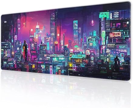 Retro Japanese Anime Gaming Mouse Pad XL Cool Dark Purple Red Vaporwave City Extended Large Desk Mat Big Mousepad Non-Slip Rubber Base Stitched Edge Long Desk Pad for Desktop Computer,31.511.8 in