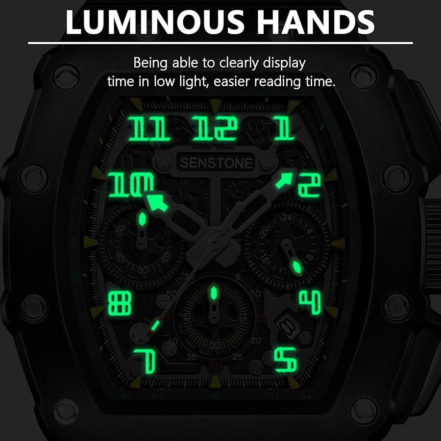 SENSTONE - Orologio da uomo impermeabile fino a 30 m, sportivo, multifunzione, cronografo, al quarzo, analogico, LED, orologio da polso di lusso, regalo per uomo, in acciaio inossidabile, cinturino in