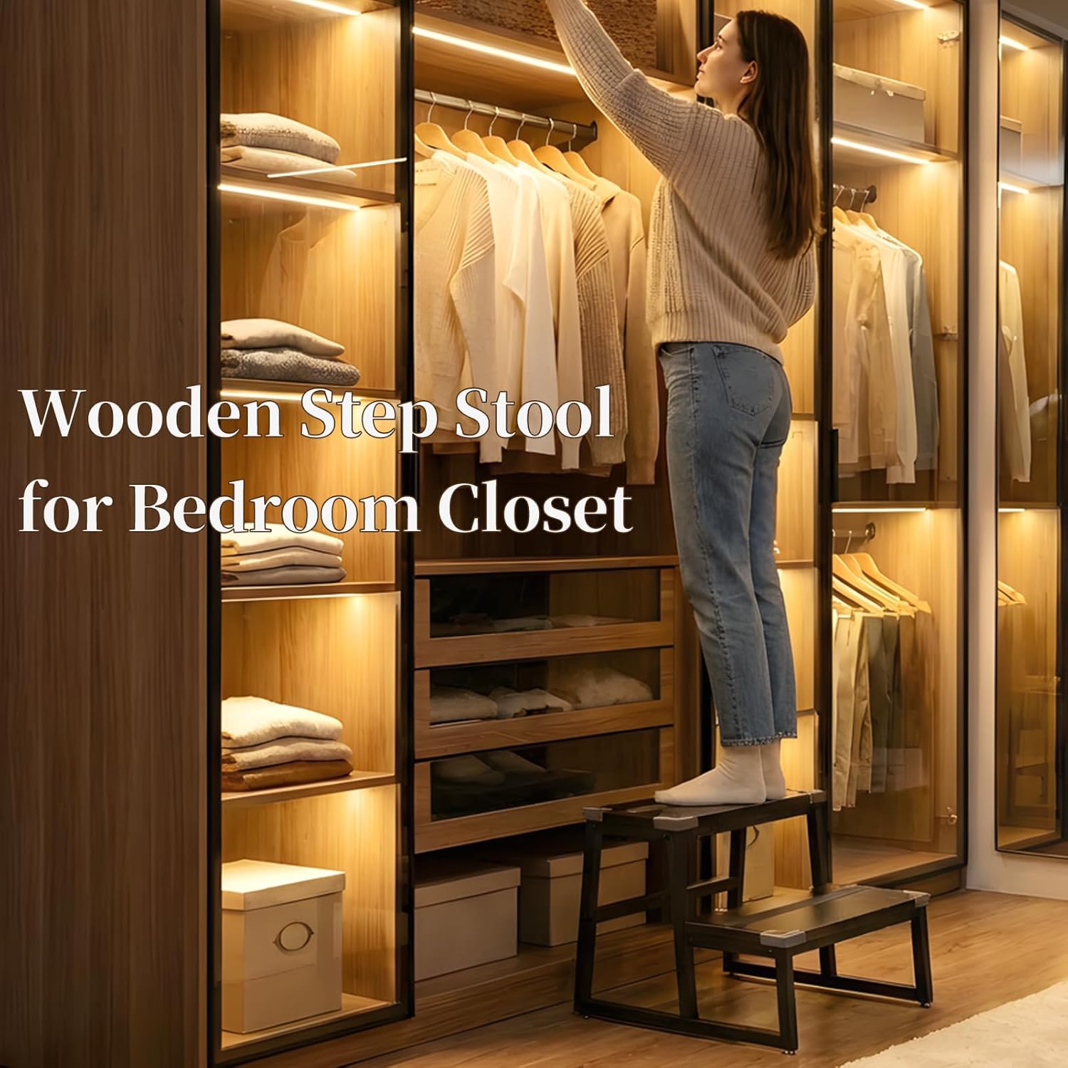 Step Stool for Adults Kids, Heavy Duty Foot Stool 2 Step Stool with 400LBS Capacity Stepping Stool for Kichen Bathroom Bedroom High Beds (Black)