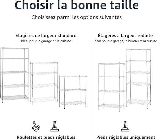 Amazon Basics Étagère à 5 tablettes étroites réglables en hauteur avec pieds de nivellement, charge max. 453 kg, Chromé, 36 x 91 x 183 cm - 4