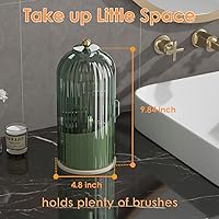 Vista 6 de Makeup Brush Holder with Lid 360 Rotating Clear Dustproof Make Up Organizers for Vanity Bathroom Countertop, Green Beige