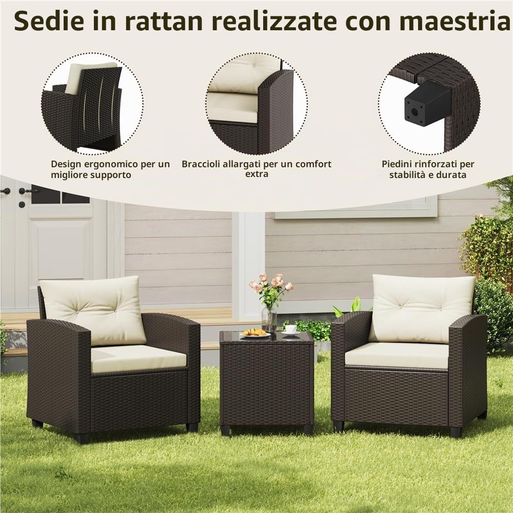 Yaheetech Set Mobili da Giardino 3 Pezzi in Rattan PE 2 Poltrone con Cuscini e Tavolino da Caffè Salotto Esterno per Balcone Terrazza Patio, Marrone e Beige