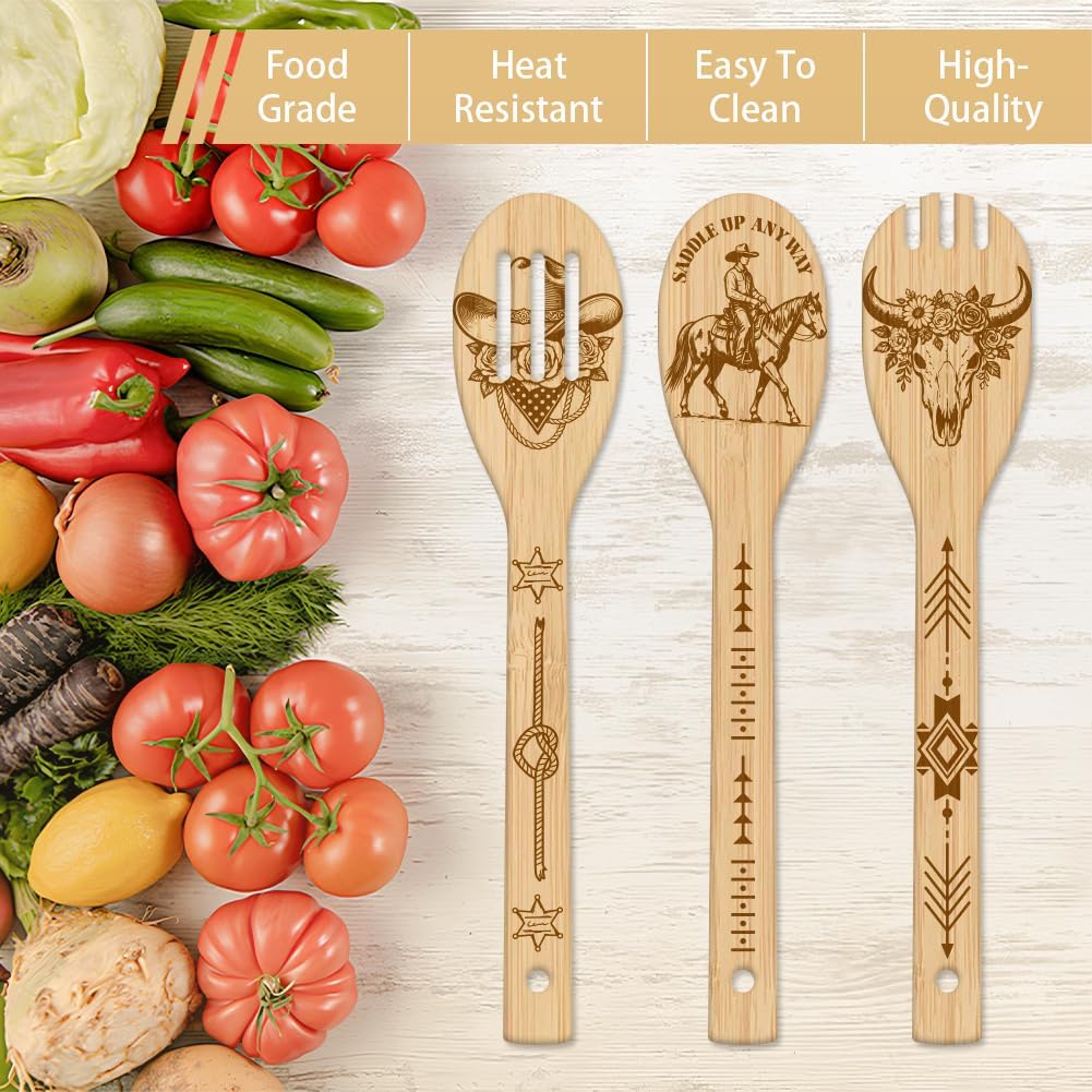 GLOBLELAND 6 Pcs Western Cowboy Wooden Spoons Utensil Set Horse Boots Bamboo Carving Kitchen Cooking Utensils Wooden Engraved Cooking Spatula Sets for Kitchen Fun House Warming Gift