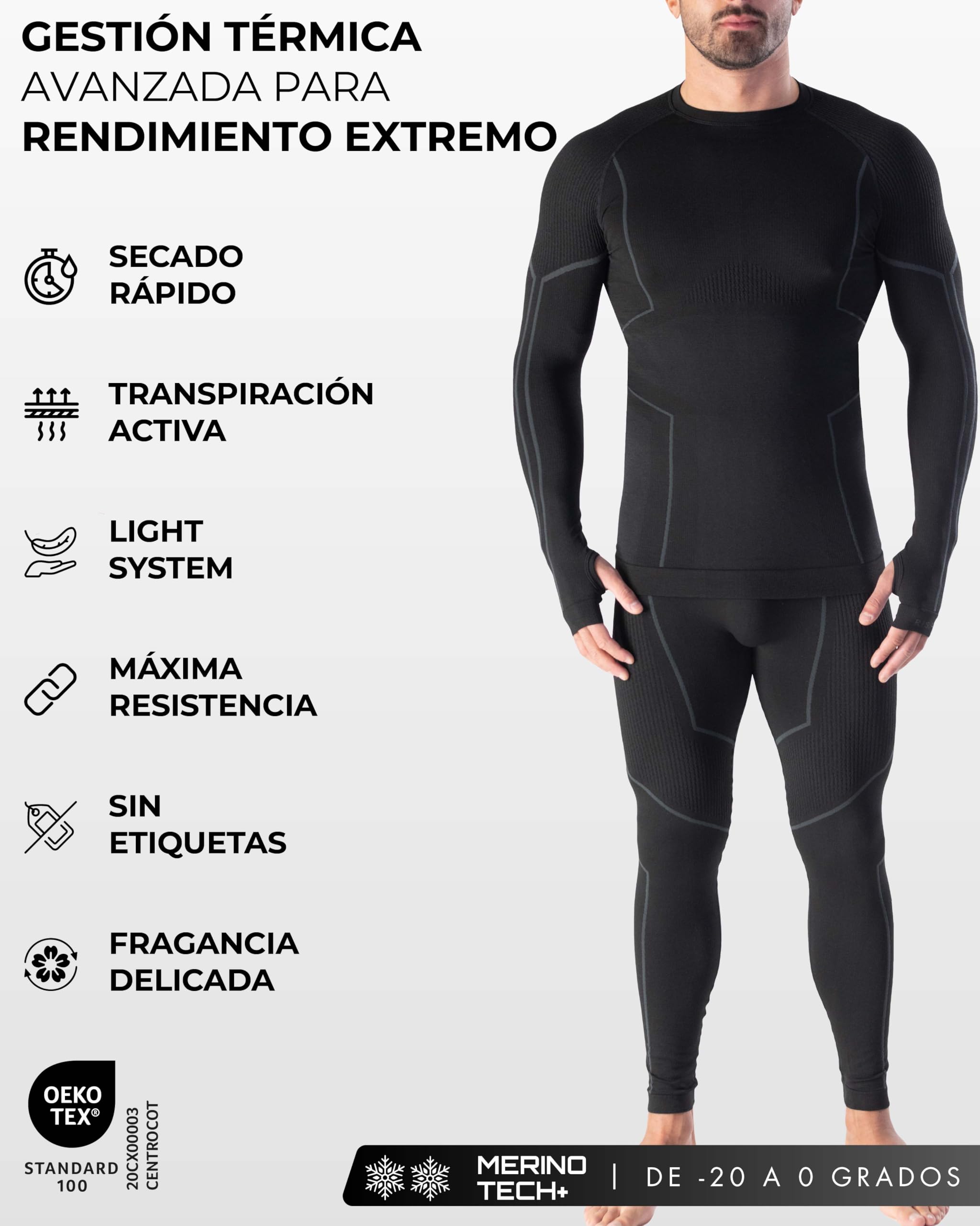Risalti Ropa Termica Hombre Frio Lana Merino Tech – Camiseta Termica Hombre Manga Larga y Mallas Lana Merinos, Ropa Interior Invierno Transpirable y Termorreguladora, Seamless – Made in Italy