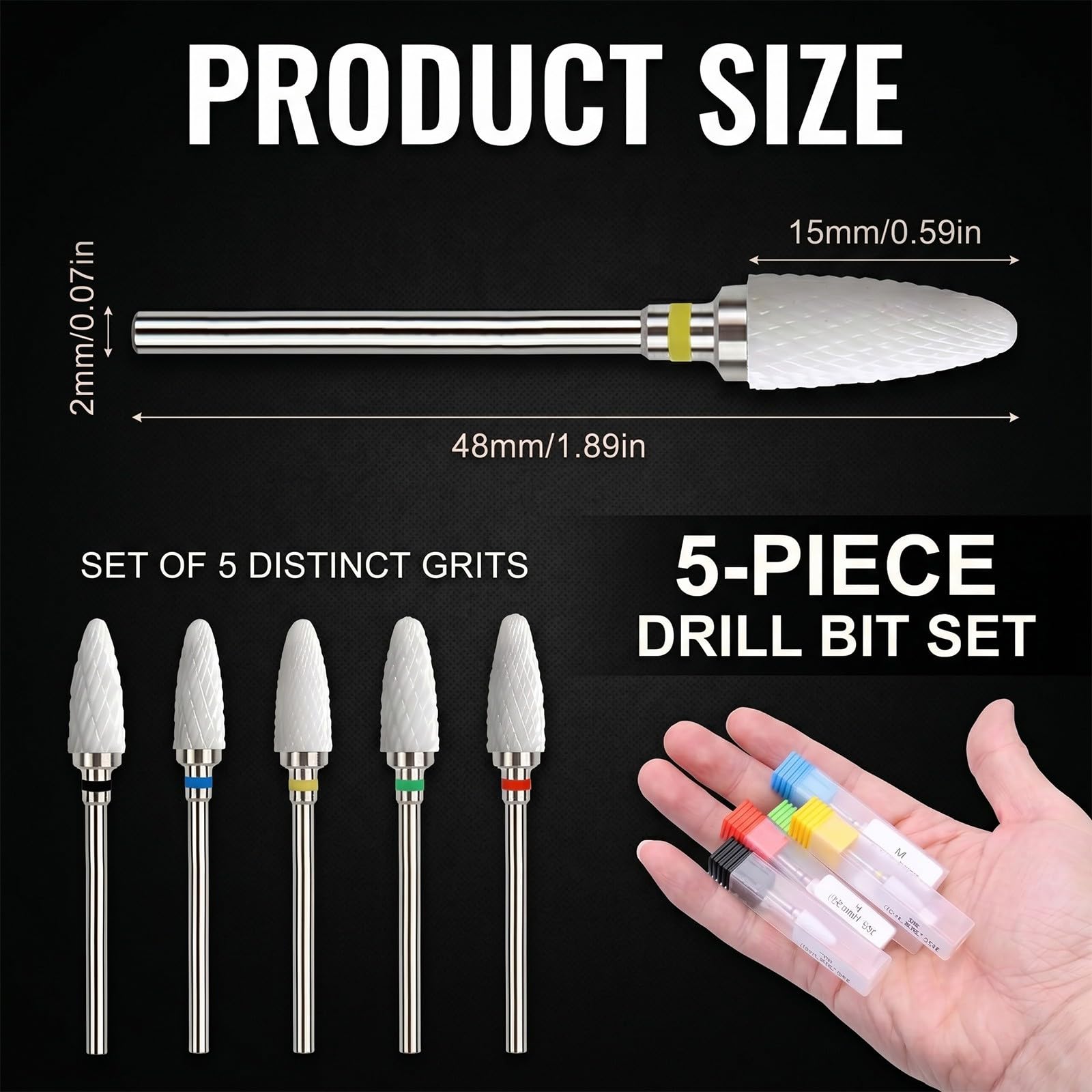 5 Punte Fresa per Unghie in Ceramica Professionale, Kit per Rimozione di Gel, Acrilico e Cuticole, Set Manicure e Pedicure con Custodie, Compatibilità Universale 3/32"