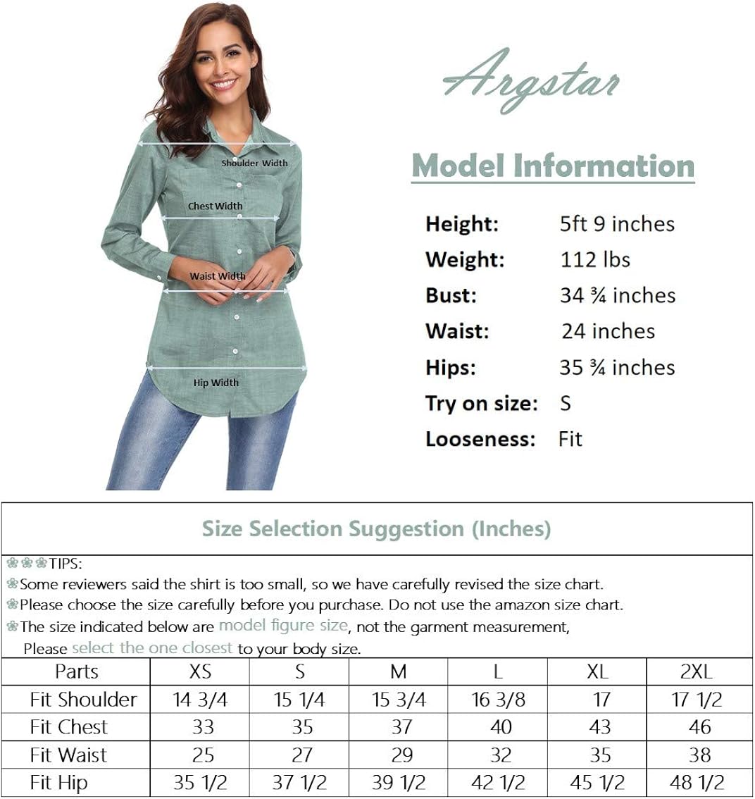 Argstar Women's Long Chambray Shirt Button Down Tunic Long Sleeve Blouse Jeans Top (XS~2XL) Clearence