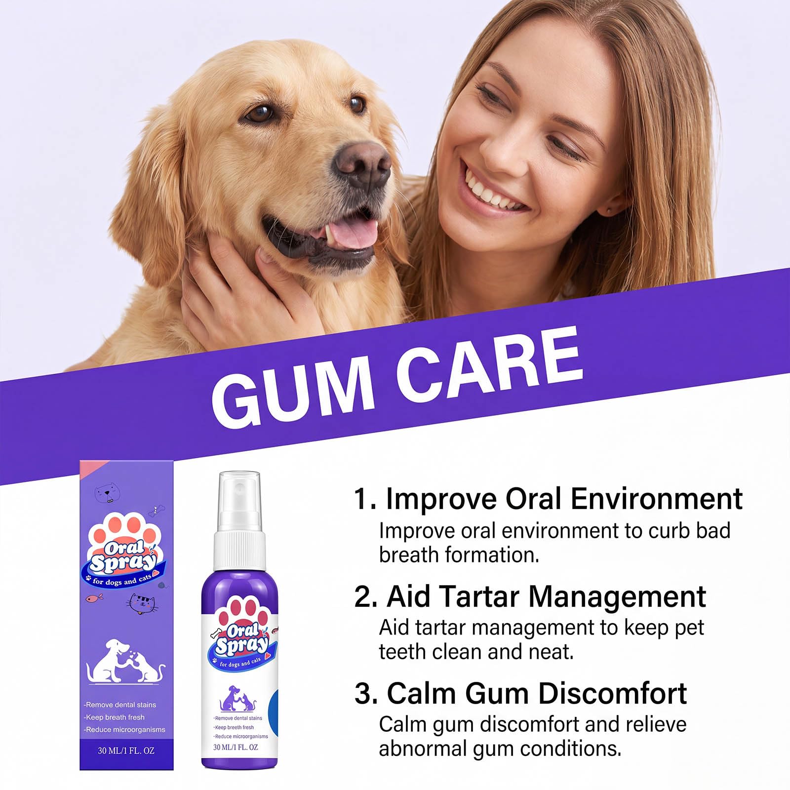 Spray Dentaire Chien, élimine Tartre, Haleine，3PC | Spray Dentaire Pour Chien Avce Actifsnaturels Pour Tu Pulvérises Et Essuyer Haleine Fraîche San Brossage Et Plaque Dentaire