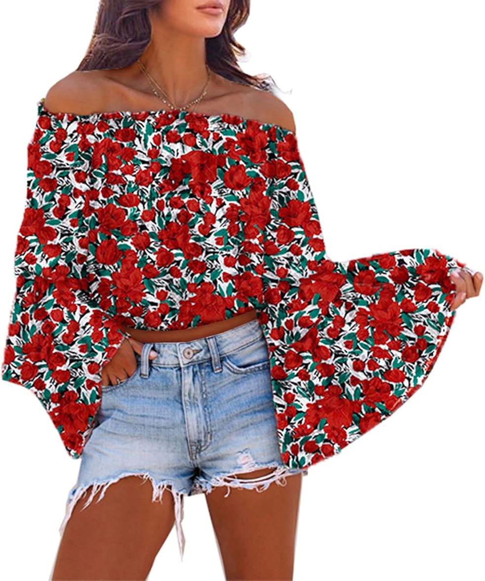 PRETTYGARDEN Women’s Fashion Floral Print Off Shoulder Crop Tops Flare Long Sleeve Casual Loose Blouses Shirts