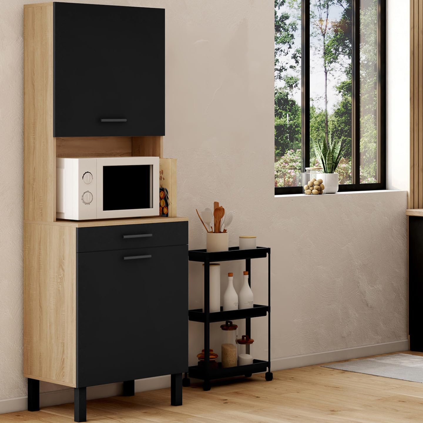 IDMarket - Aparador de cocina (60 cm, 2 puertas, cajón de haya y negro