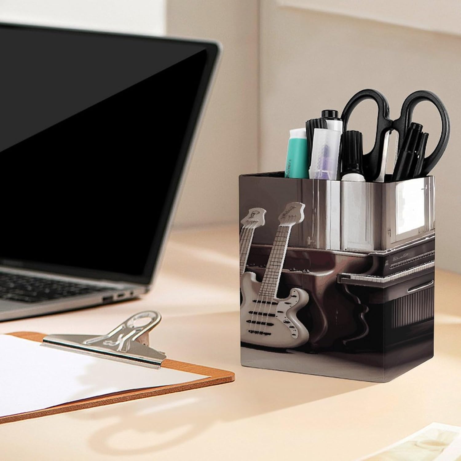 Guitar Bass Music Musical Instruments Pen Holder for Desk Minimalist Leather Pencil Holder Fashion Modern Pencil Cup Decorative Square Pen Cup Locker Organizer for Office Work Locker Accessories image 5