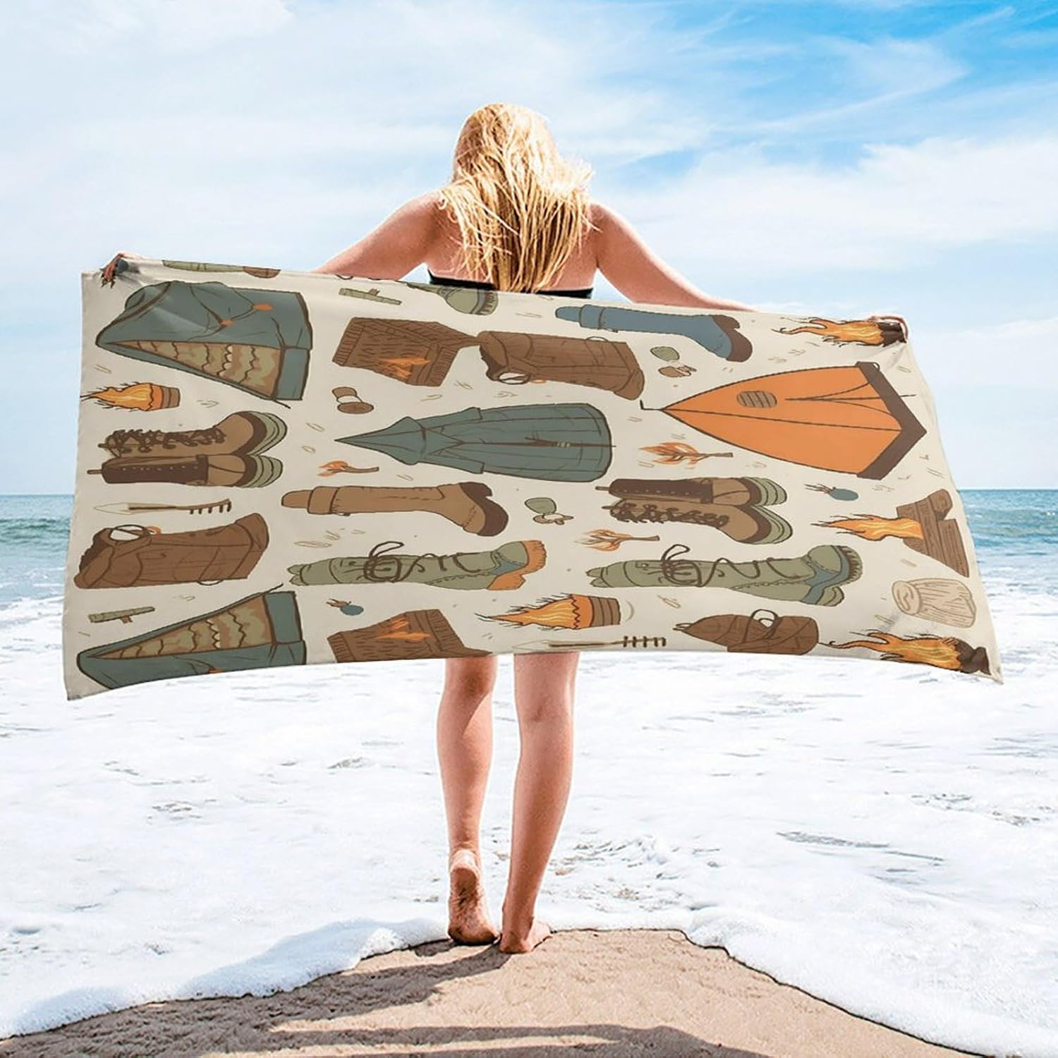 Christmas Towel, Sleeping Bag Boots Campfire Pattern Printed Fashion Towel,Portable Towel,Durable Towel