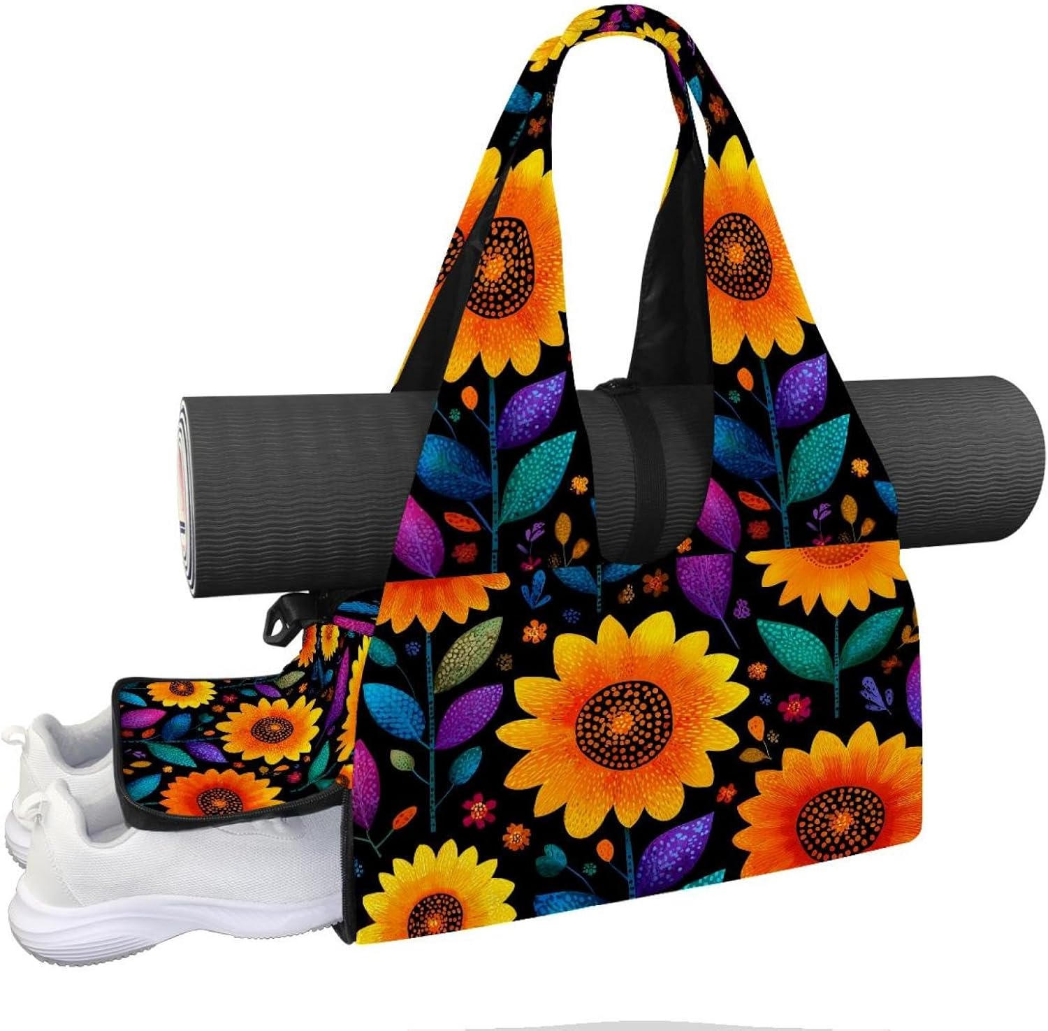 Yoga Mat Bag, Gym Workout Bag with Shoe Compartment, Elephant Sunflower Pilates Bag for Women, Quick Access Storage Yoga Tote Bag for Sports Travel Office