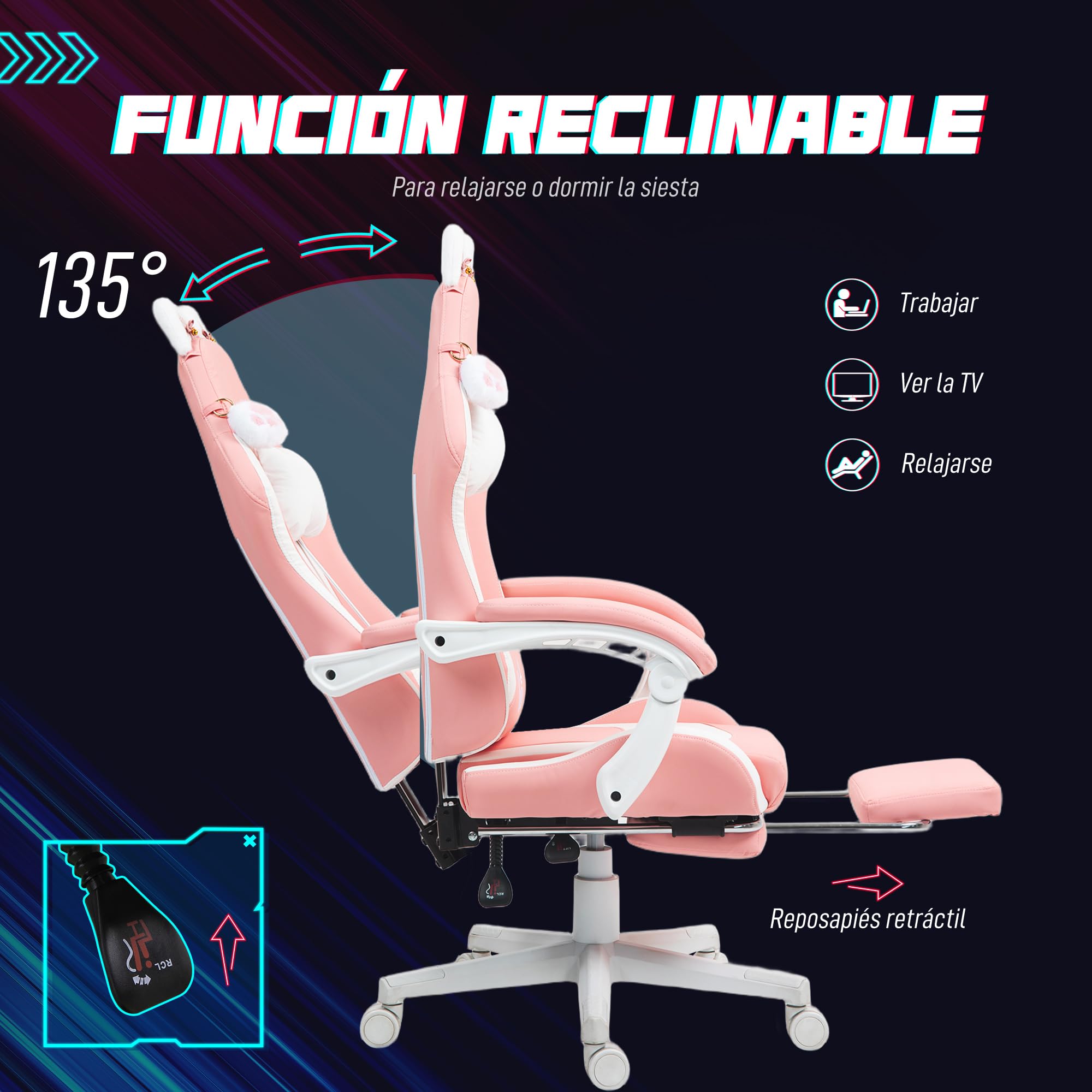 HOMCOM Silla Gaming con Orejas Silla Gamer Reclinable 135° con Altura Ajustable Reposapiés Retráctil Soporte Lumbar Giratorio 360° y Reposacabezas Desmontable Silla para Oficina Estudio Rosa