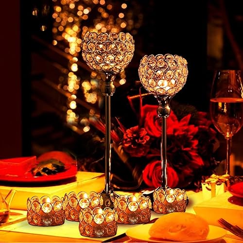 Miniatura 2 de Juego de 2 portavelas de cristal dorado para boda y 12 portavelas de luz de té dorado para decoración de mesa de cena, fiesta, centro de mesa para