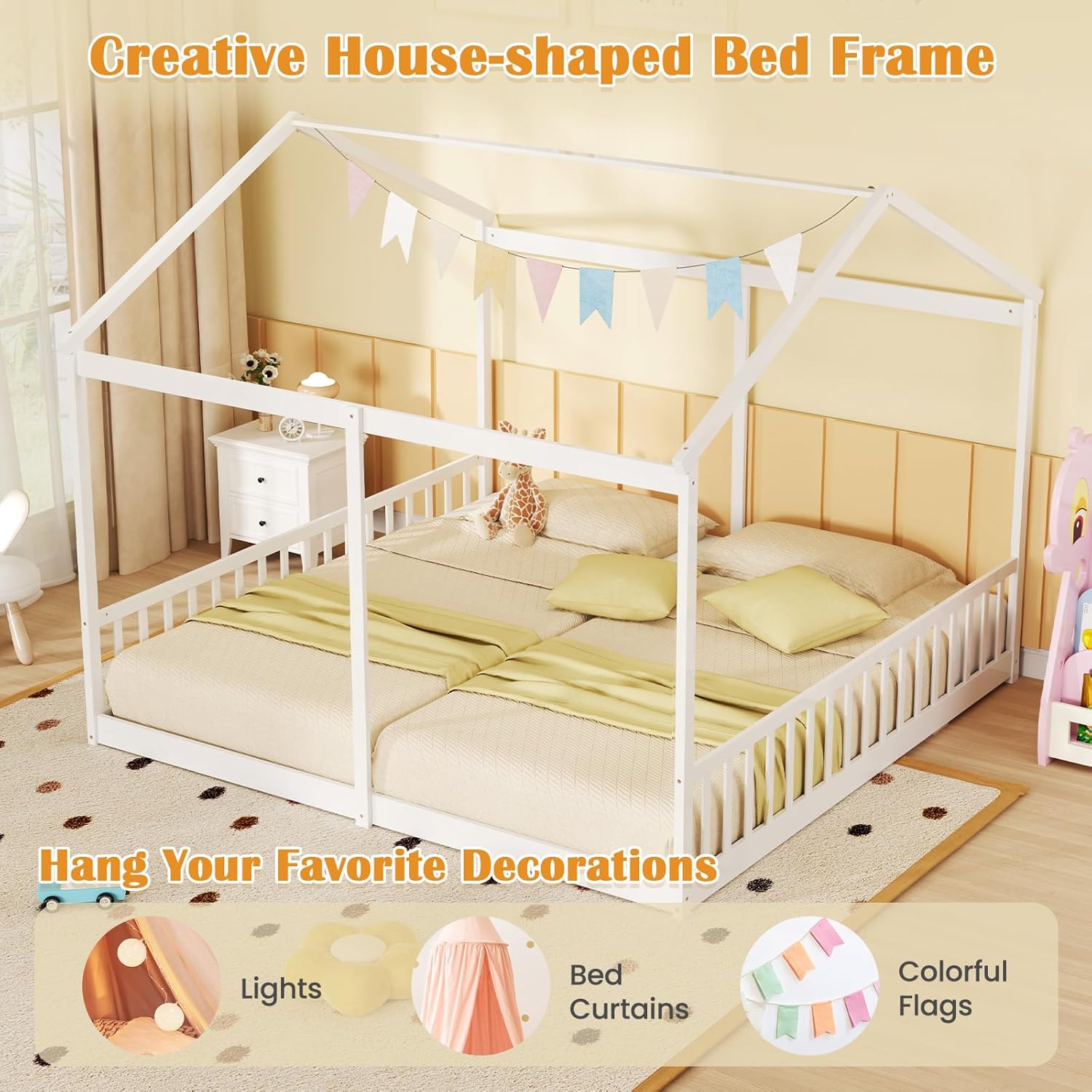 Image showing the house-shaped bed frame decorated with colorful flags and lights, highlighting its creative potential.