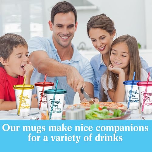 Miniatura 6 de Mifoci Paquete de 24 vasos de plástico de agradecimiento a los empleados de 20 onzas a granel con pajilla y tapa reutilizables con popote y tapa