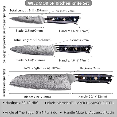 Miniatura 3 de WILDMOK Juego de cuchillos de chef de 5 piezas, juego de cuchillos japoneses ultra afilados de alta calidad para cocina, cuchillo de cocina de acero