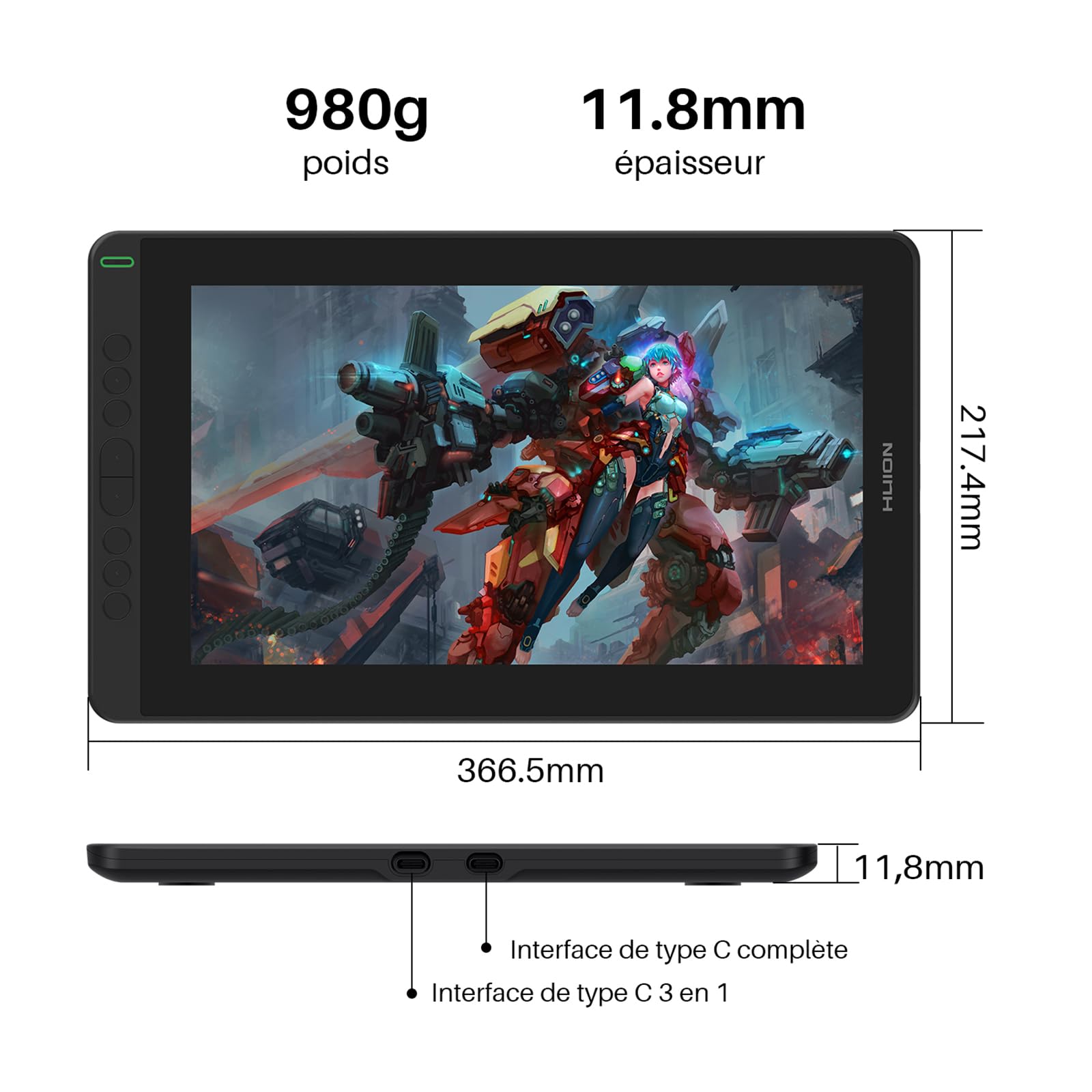 HUION Kamvas 13 Tablette Graphique avec Écran, Moniteur de Dessin de 13,3 Pouces, Ecran Entièrement Laminé, 120% sRGB, Nouveau Stylet PW517, Prise en Charge des Appareils Android