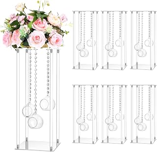 Yerliker 6 Sets 20'' Tall Acrylic Flower Vase Wedding Centerpieces Flowers Stand with Hanging Glass Tealight Globe Candle Holders, Crystal Garland Strands and Self Adhesive Hook (Cuboid,Clear)