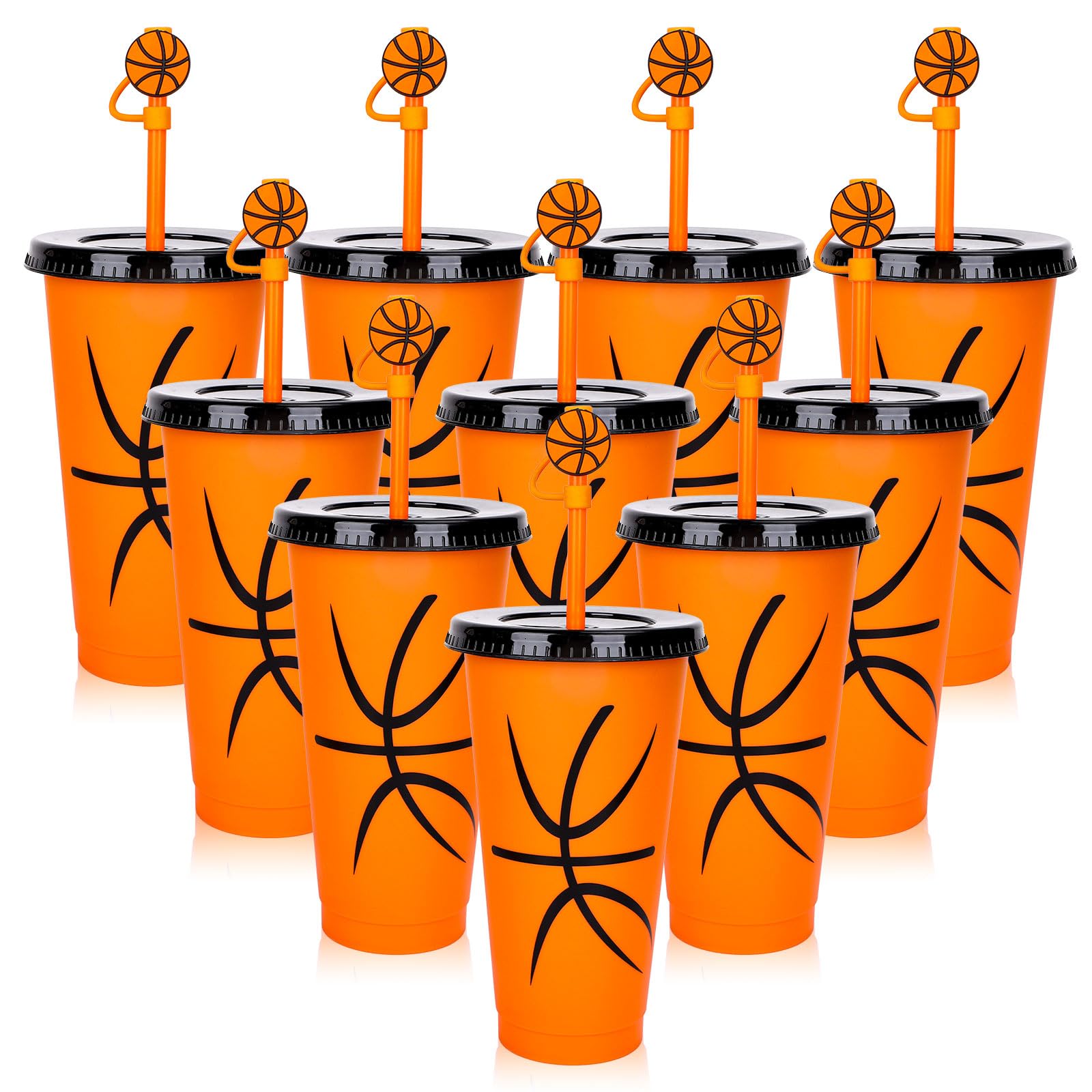 JarThenaAMCS 16Pcs 24oz Basketball Plastic Tumbler with Lid Straw and Straw Covers Reusable Sports Theme Party Drinking Cups for Birthday Sports