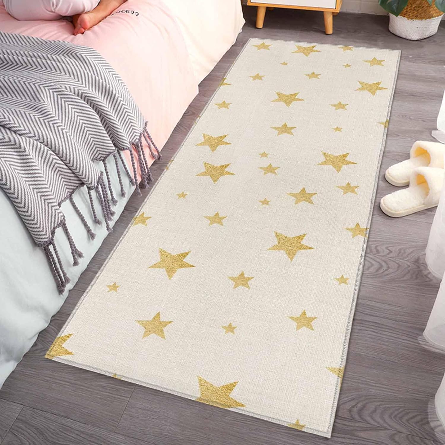 Teamery Kitchen Mats for Floor Gold Stars on Burlap Linen Washable Non Slip Kitchen Rugs 1PCS, Seamless Shining Star Absorbent Standing Mats for Sink Bathroom Office Living Room 23.6x70.9in