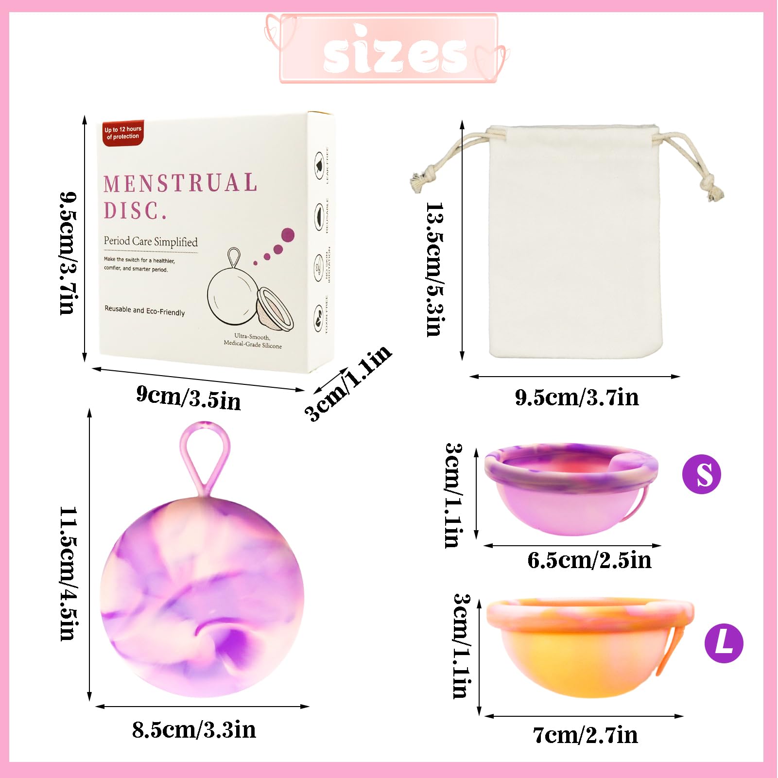 Disco Mestruale Set,con 1 Disco Mestruale M+1 Disco Mestruale L,silicone Disco,Sacchetto di stoccaggio,Manuale d'uso,per un periodo leggero e forte,Sicuro per sport,nuoto