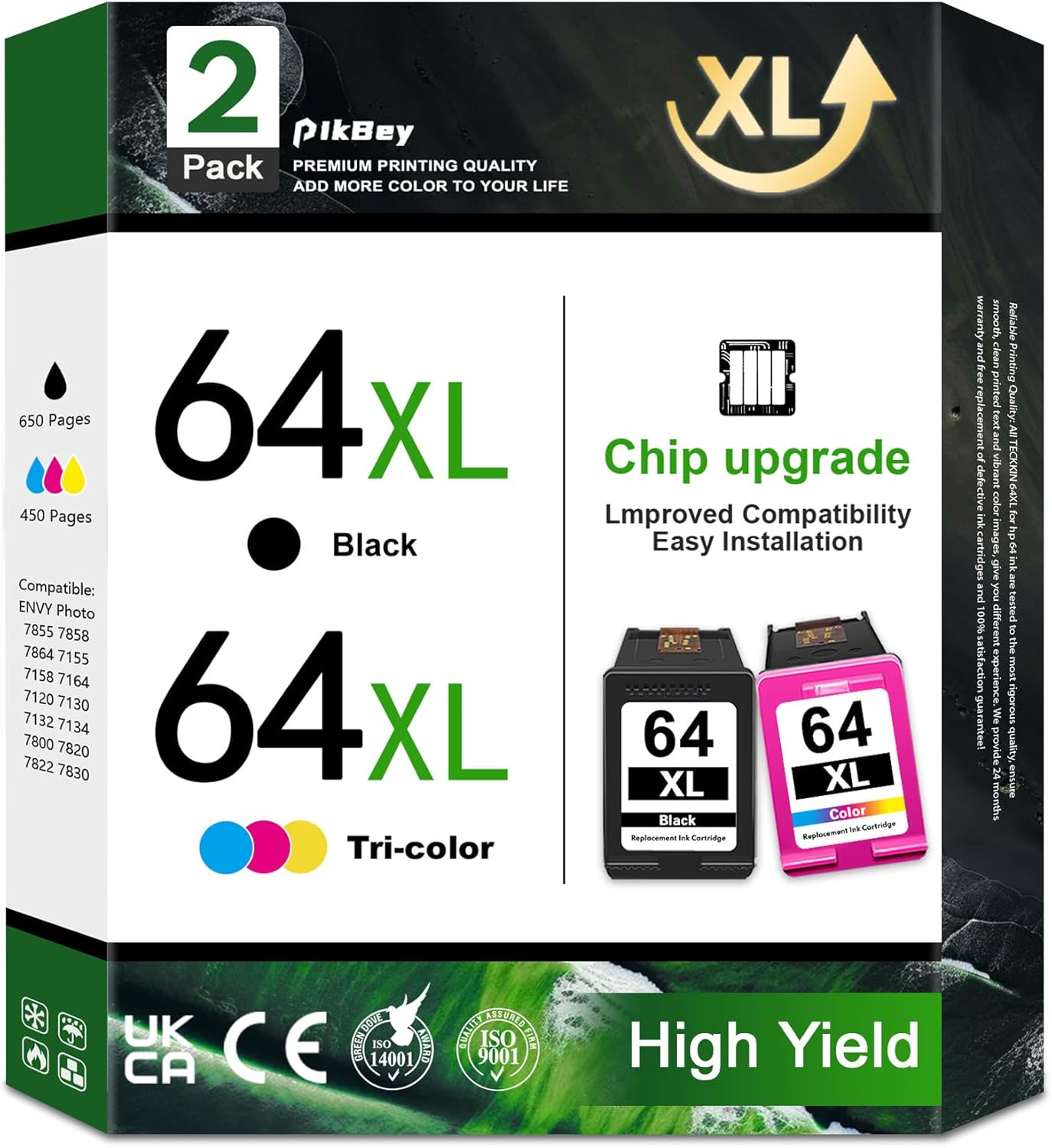 64XL Ink Cartridges Black Color Combo Pack for Replacement for HP 64 64XL Envy Photo 7155 7858 7855 Envy Inspire 7255e 7955e Tango Series Printer (2-Pack, 1Black/1Tri-Color)