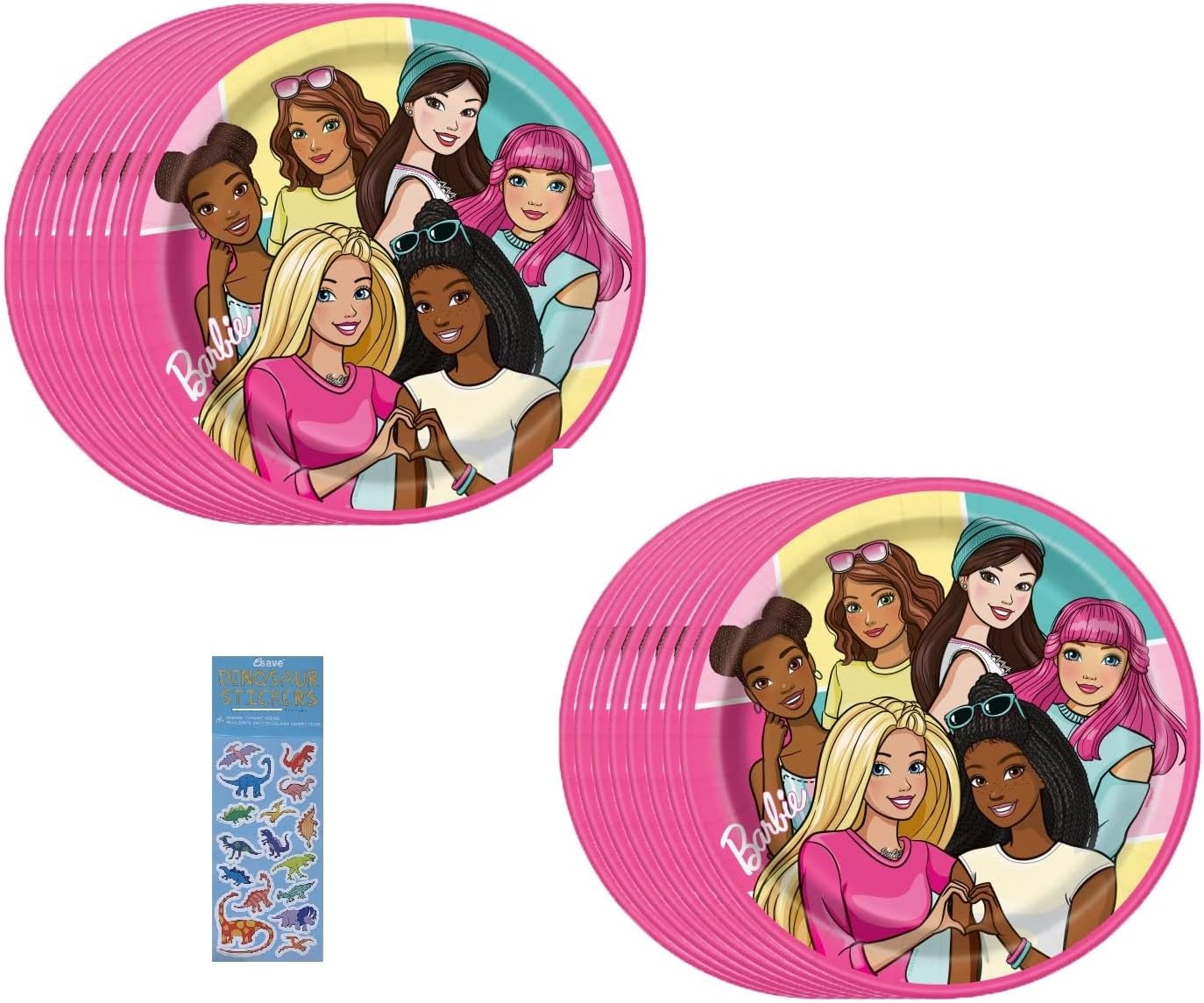 Unique Barbie Birthday Party Supplies Bundle includes 16 Lunch Paper Plates and 1 Dinosaur Sticker Sheet