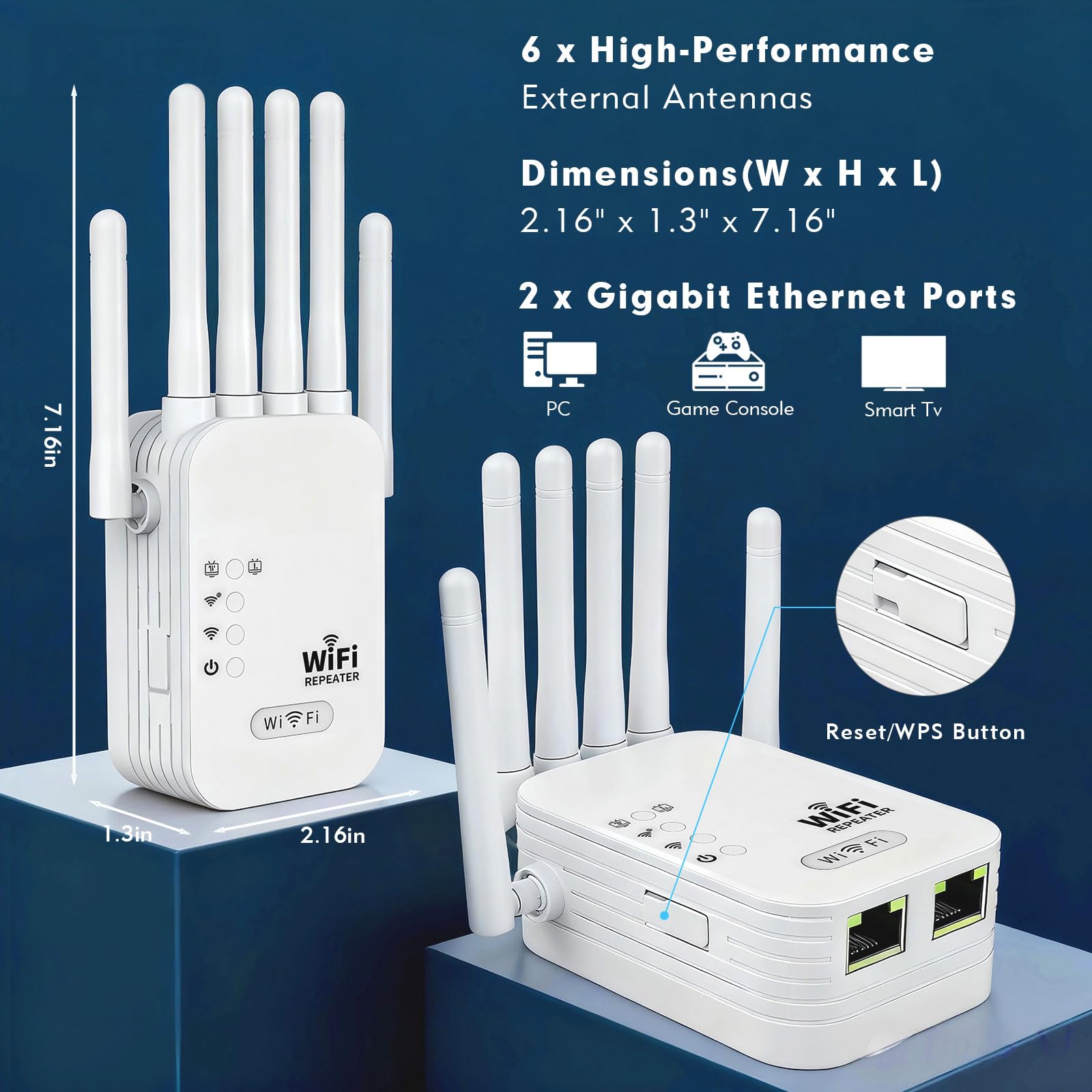 Repetidor WiFi para el hogar, cobertura de 9.800 pies cuadrados, modo repetidor/AP, 6 antenas, puerto Ethernet, WPA2, soporta más de 150 dispositivos, color blanco