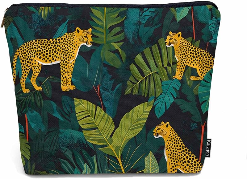 Necessaire de maquiagem Kalygon com estampa de leopardo, fechamento em zíper – 23 x 18 x 0,5 cm