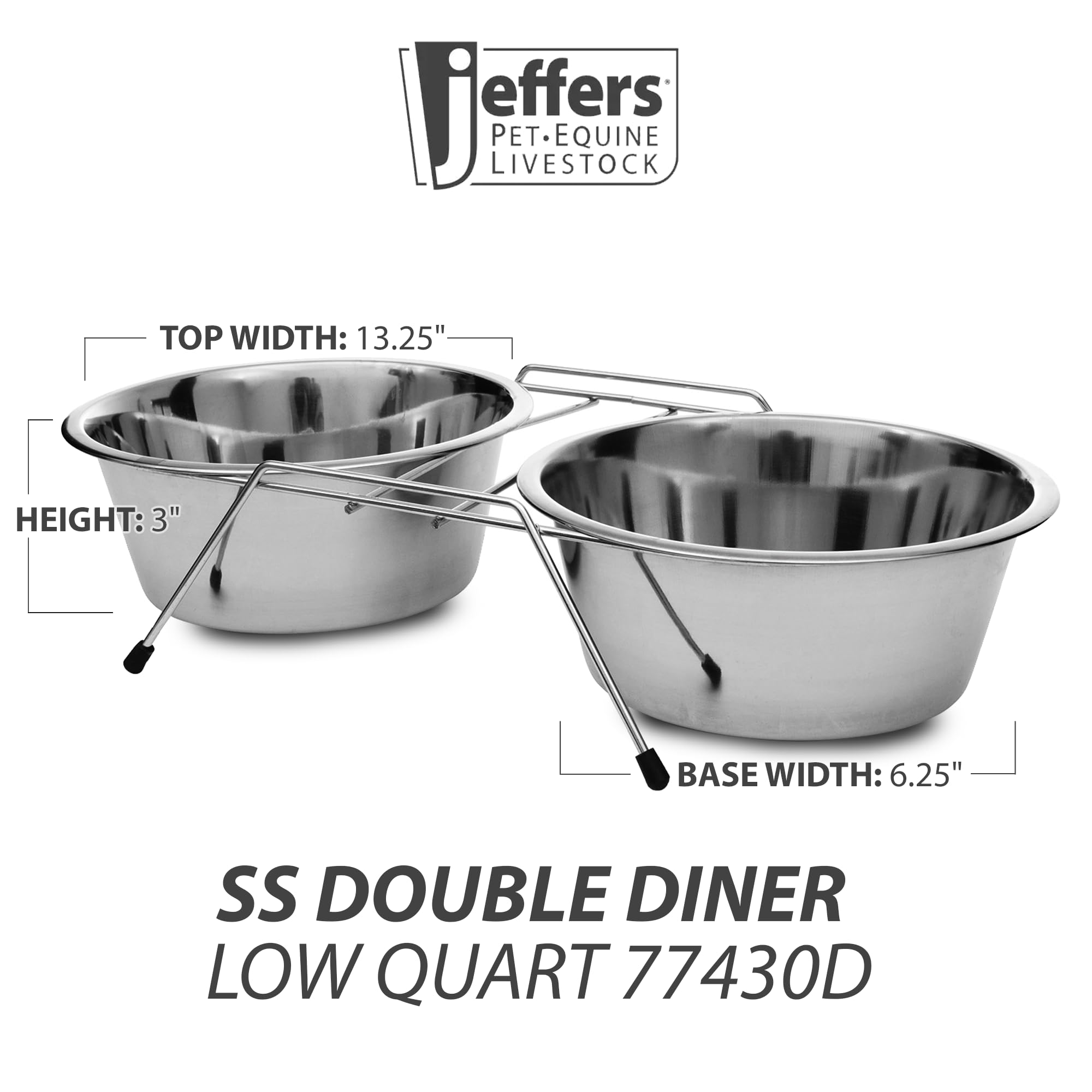 Jeffers Stainless - Steel Low Double Diners Pet Bowls 77430D - Non-Skid Frame, Dishwasher Safe, Ideal for Water & Food for Dogs and Cats, BPA - Free, Easy to Clean