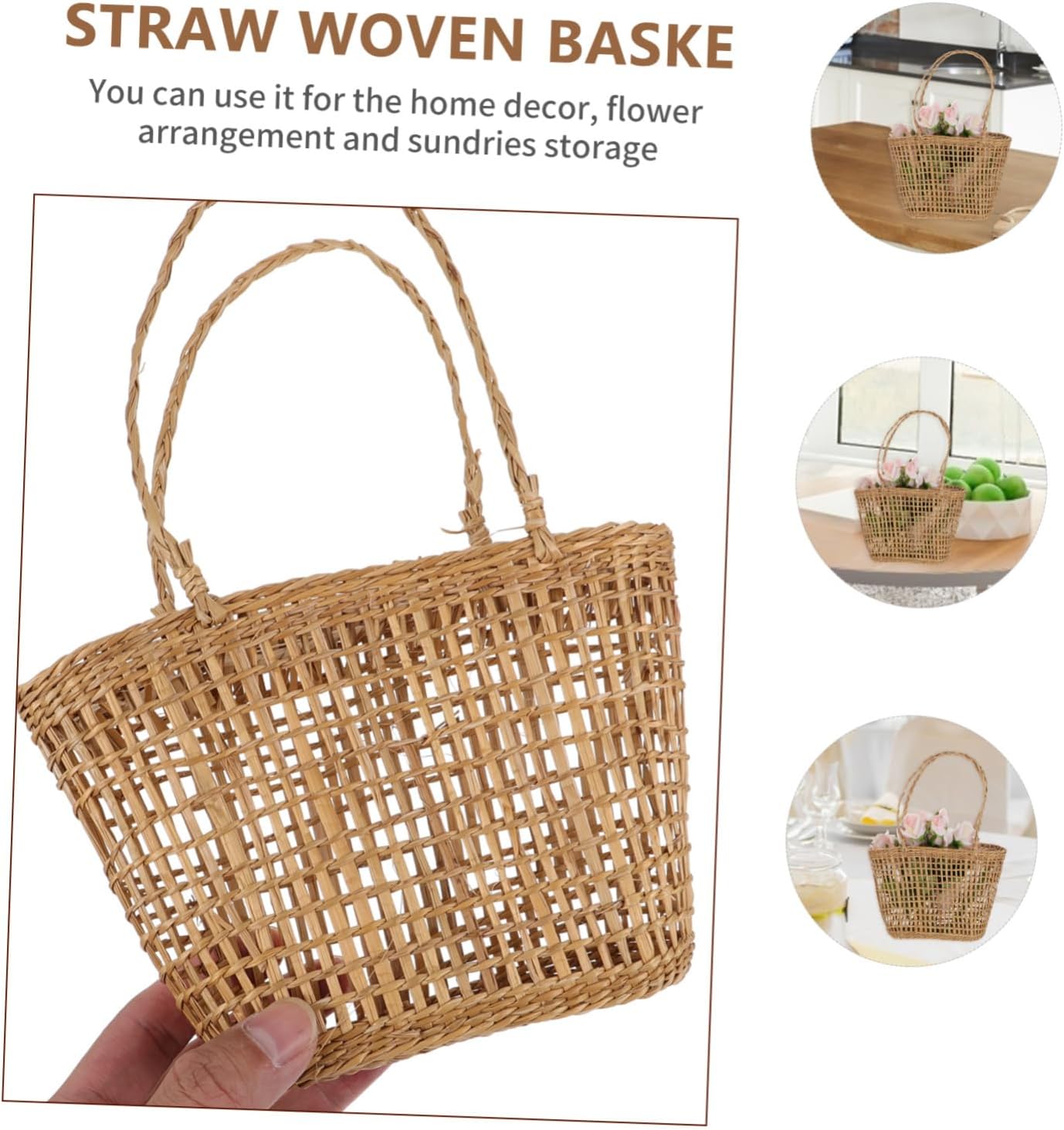 SOLUSTRE Handheld Straw Woven Flower Basket Brown Portable for Home Decor image 3