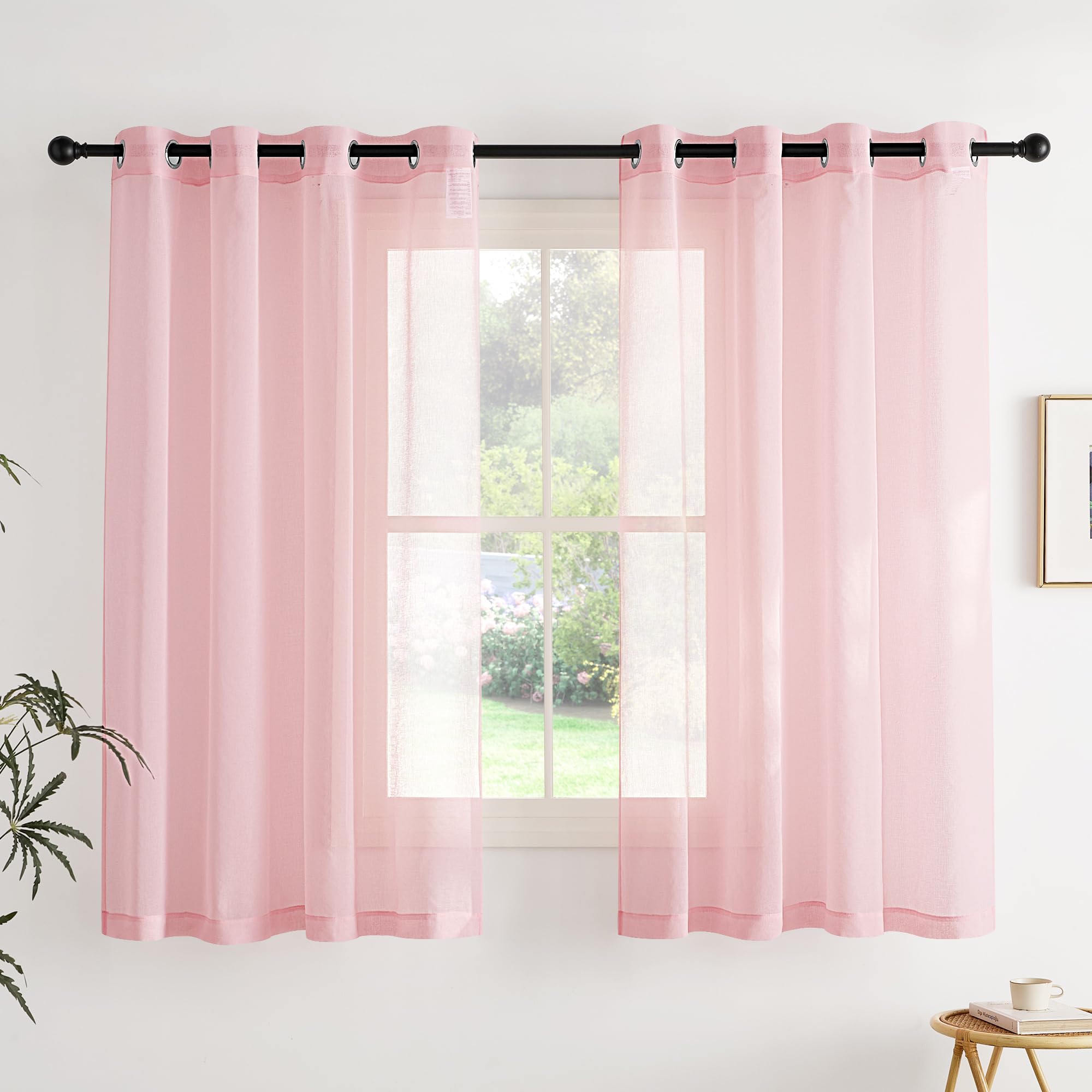 PONY DANCE Tende Trasparenti con Effetto Lino per Interni Tende per Salotto Moderne con Anelli Voile Curtains per Cucina 2 Pezzi 140x160 CM, Rosa Chiaro