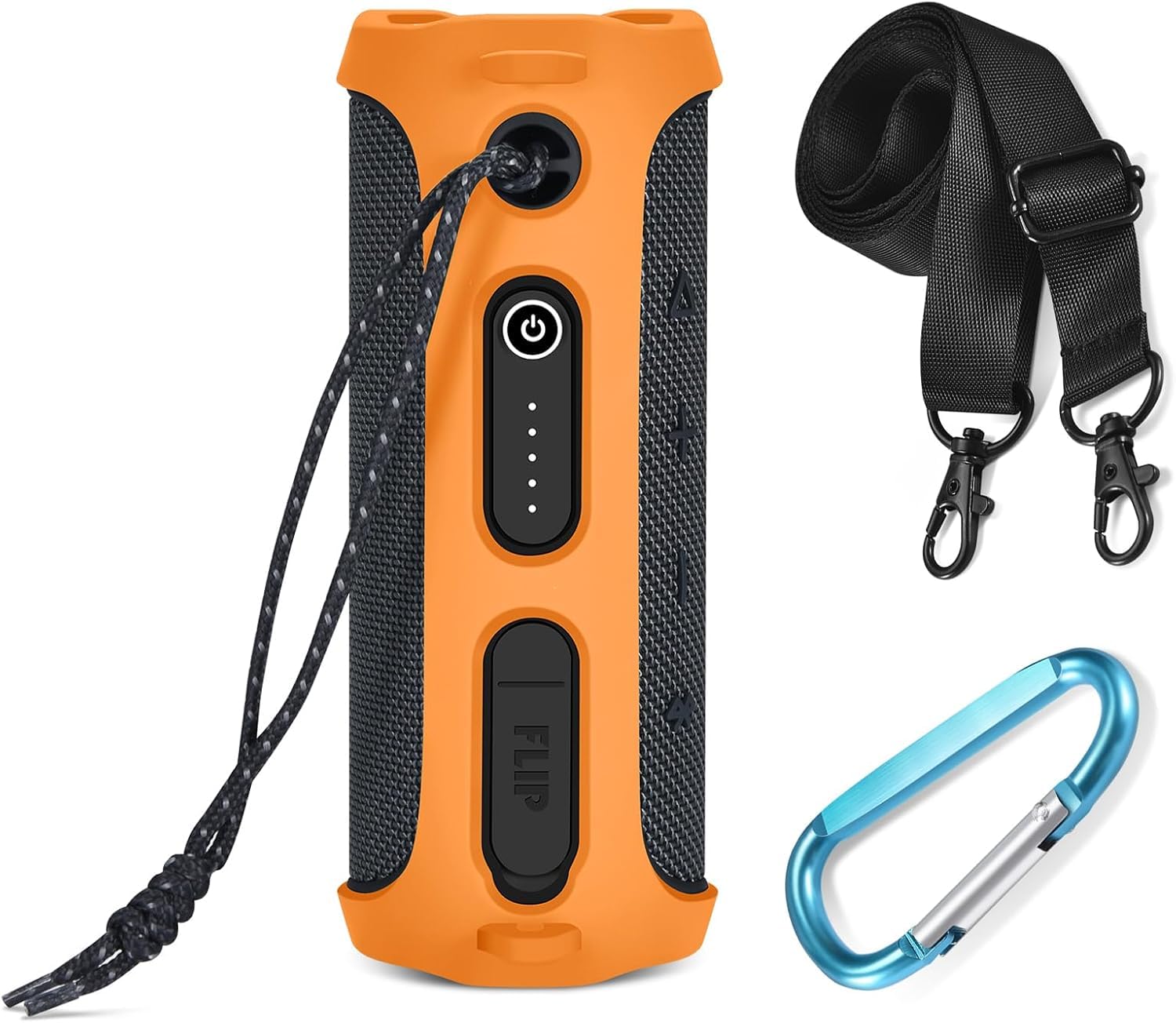 Protective Silicone Case Cover for JBL FLIP Essential 2 - Shockproof Skin Sleeve with Carabiner & Adjustable Shoulder Strap, Travel-Friendly (Orange)