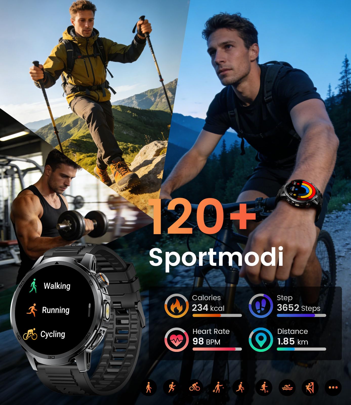 FITFLEX Smartwatch Herren Militär mit 1000 mAh, 1,85" HD Großes Touchscreen Smart Watch mit LED Licht/Telefonfunktion/120+Sportmodi Fitnessuhr/Herzfrequenz/Schlafmonitor/IP68 wasserdicht, iOS/Android