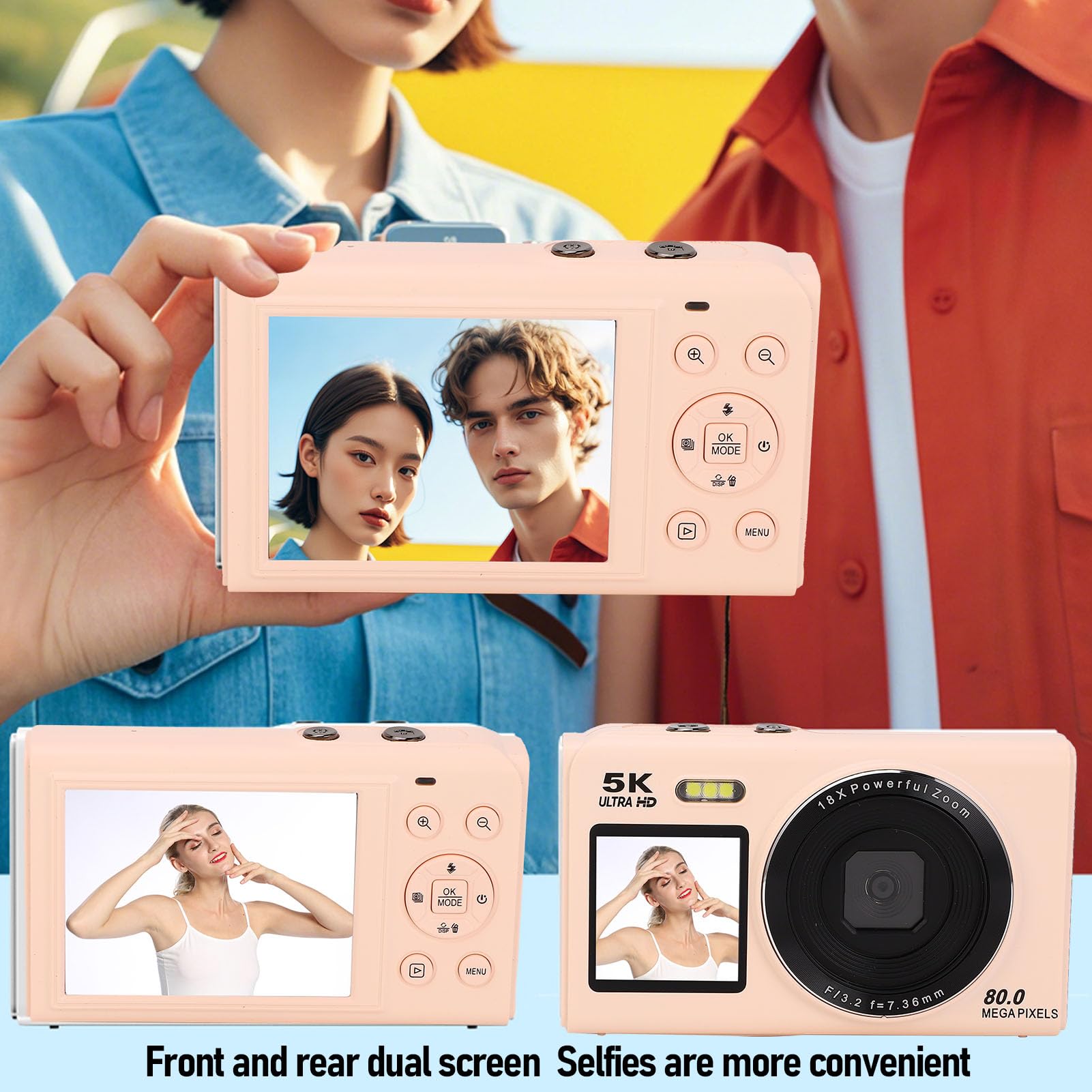 Fockety Fotocamera Digitale 5k per Fotografia, Fotocamera da Vlog Wifi Zoom da 80 MP 18x Zoom per YouTube, Videocamere Portatili Compatta con Flash per Bambini, Streaming Live (Roseo)
