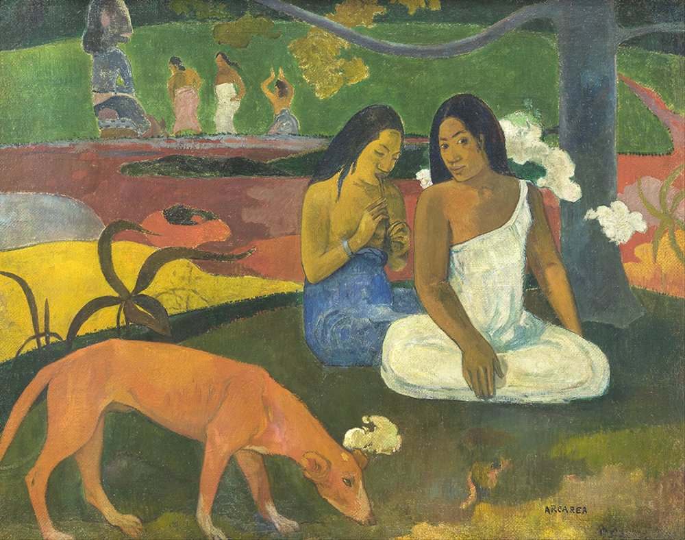 Lienzo de Gauguin Arearea Beneath a Tree sin reflejos marco negro mediano