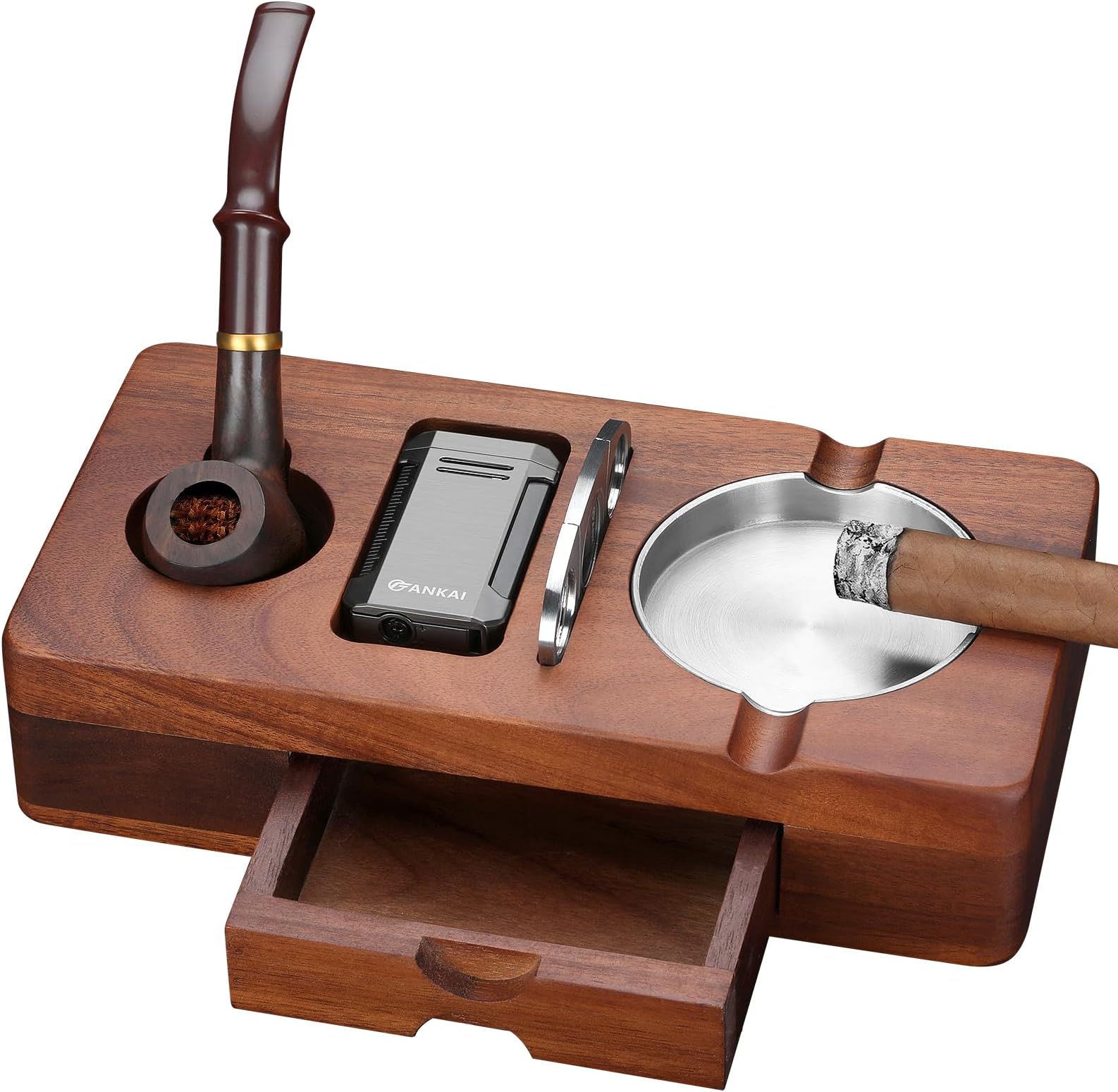 Cigar Ashtray Set, Wooden Ash Tray with Accessories Drawer, Refillable Cigar Lighter Built in Punch, Stainless Steel Cutter Guillotine, Smoking Pipe, 3 Stands