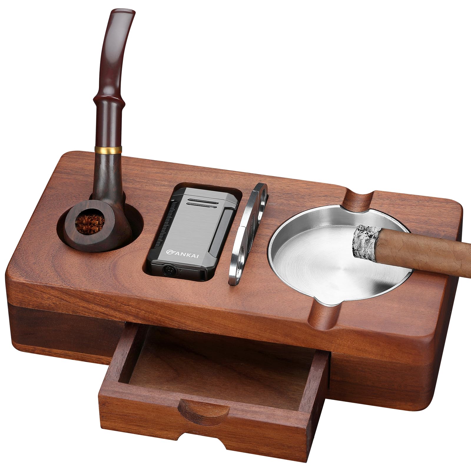 Cigar Ashtray Set, Wooden Ash Tray with Accessories Drawer, Refillable Cigar Lighter Built in Punch, Stainless Steel Cutter Guillotine, Smoking Pipe, 3 Stands
