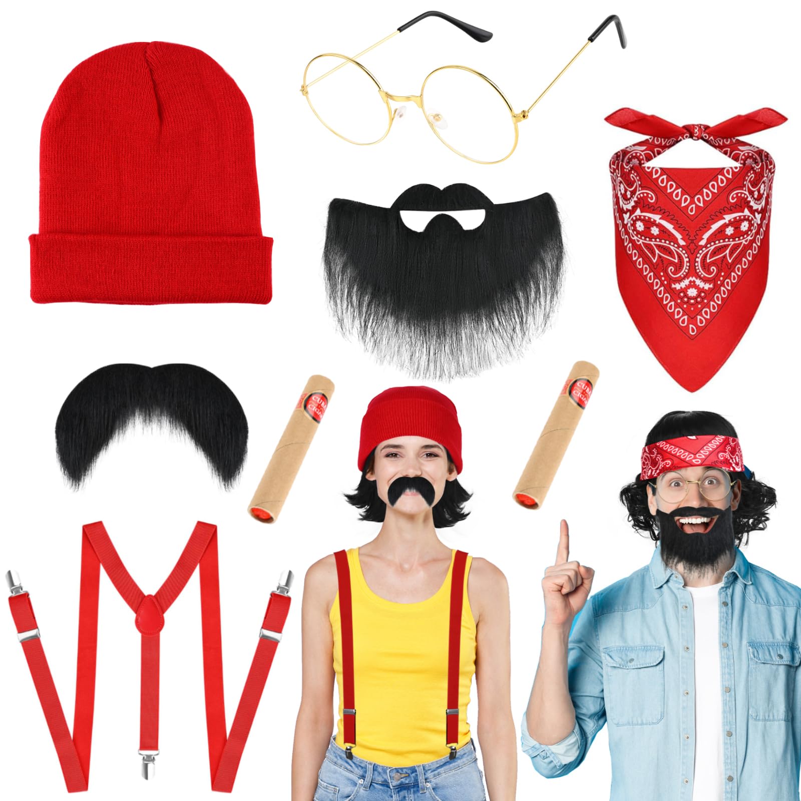 Kavoc Halloween Costume Set Include Glasses, Red Bandana, Scruffy Mustache,Beanie,Suspender and Mustache for Men Women Party Dress Up