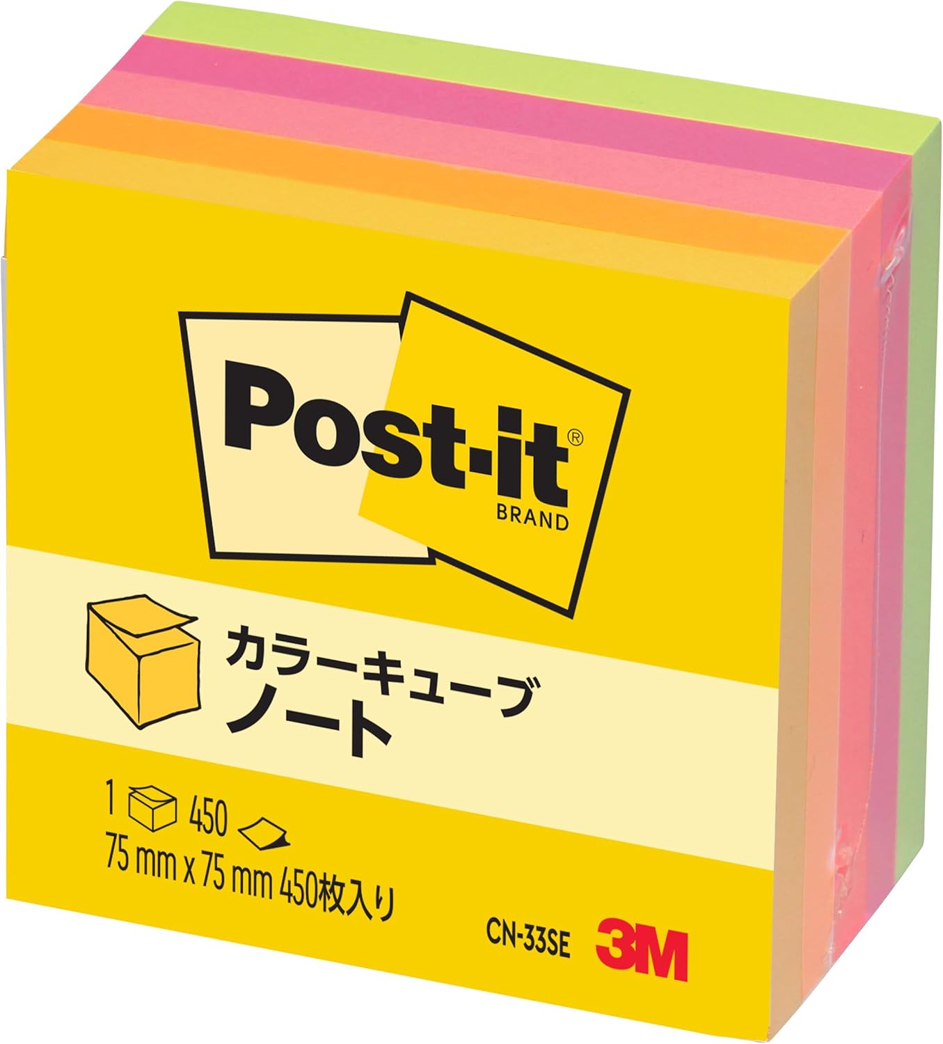 Post-it CN-33SE Sticky Notes, Super Value Notebook, Cube, Neon Color, 3.0 x 3.0 inches (75 x 75 mm), 450 Sheets x 1 Pad