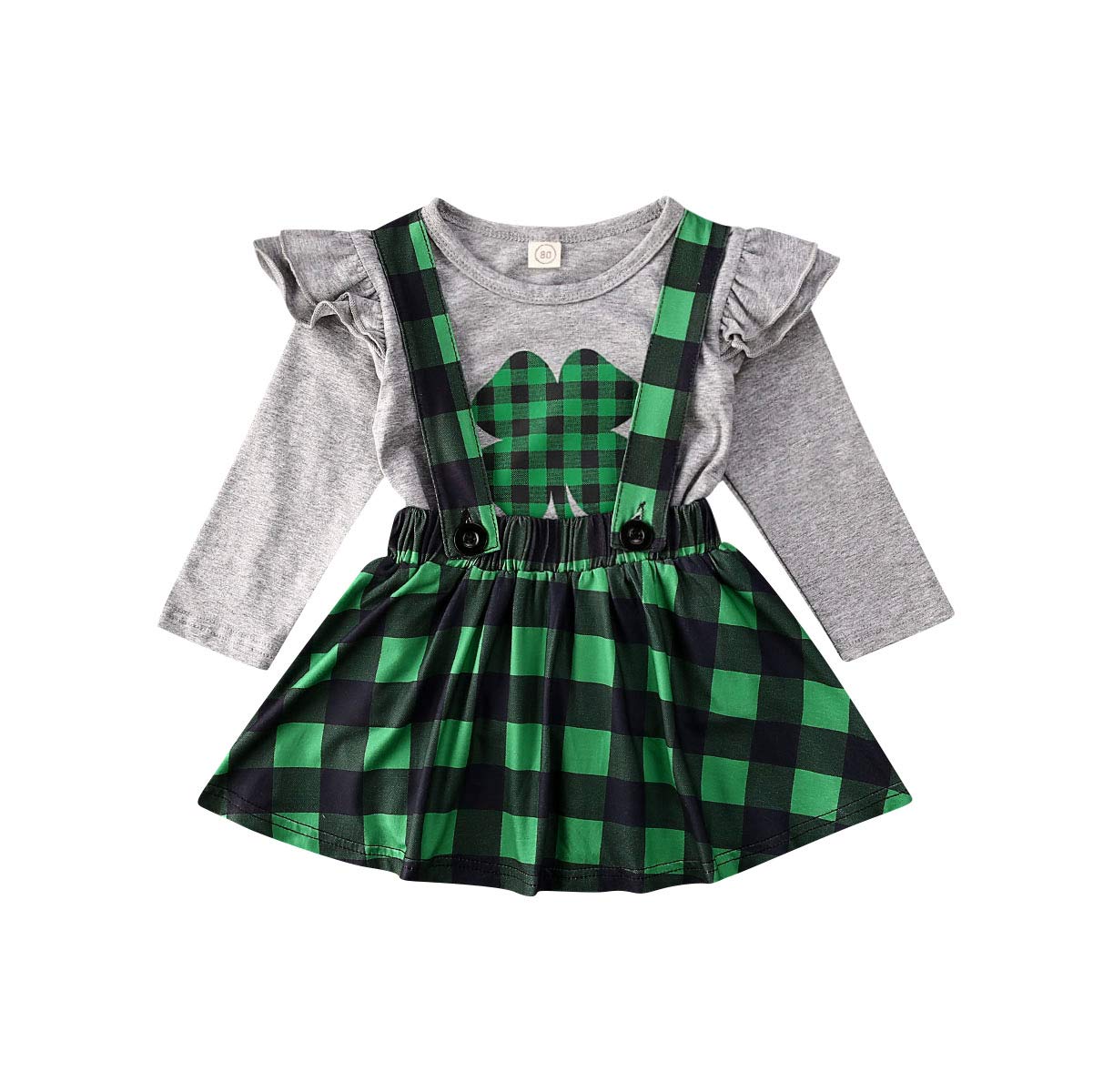 Muasaaluxi 2Pcs Baby Girls Valentine/St.Patrick's Day Outfits Ruffled Top Red/Green Plaid Suspender Skrits Set 1-6Y (6-12M, Grey+Green)