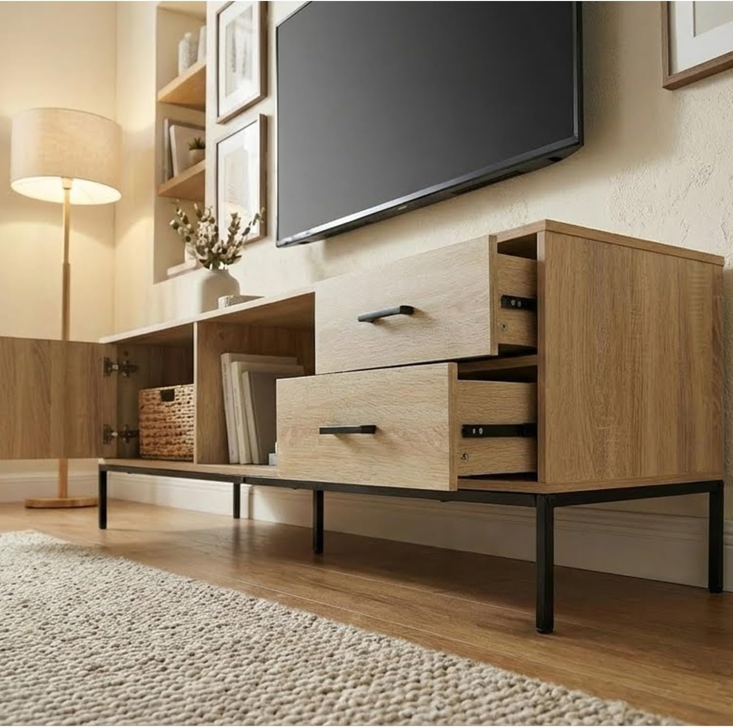 TV Stand for 55/60 Inch TV, Modern Wood Entertainment Center with Storage, 52" Media Console Table with 2 Drawers & Door Cabinet, Television Stands for Living Room & Bedroom(Burlywood) - Image 2