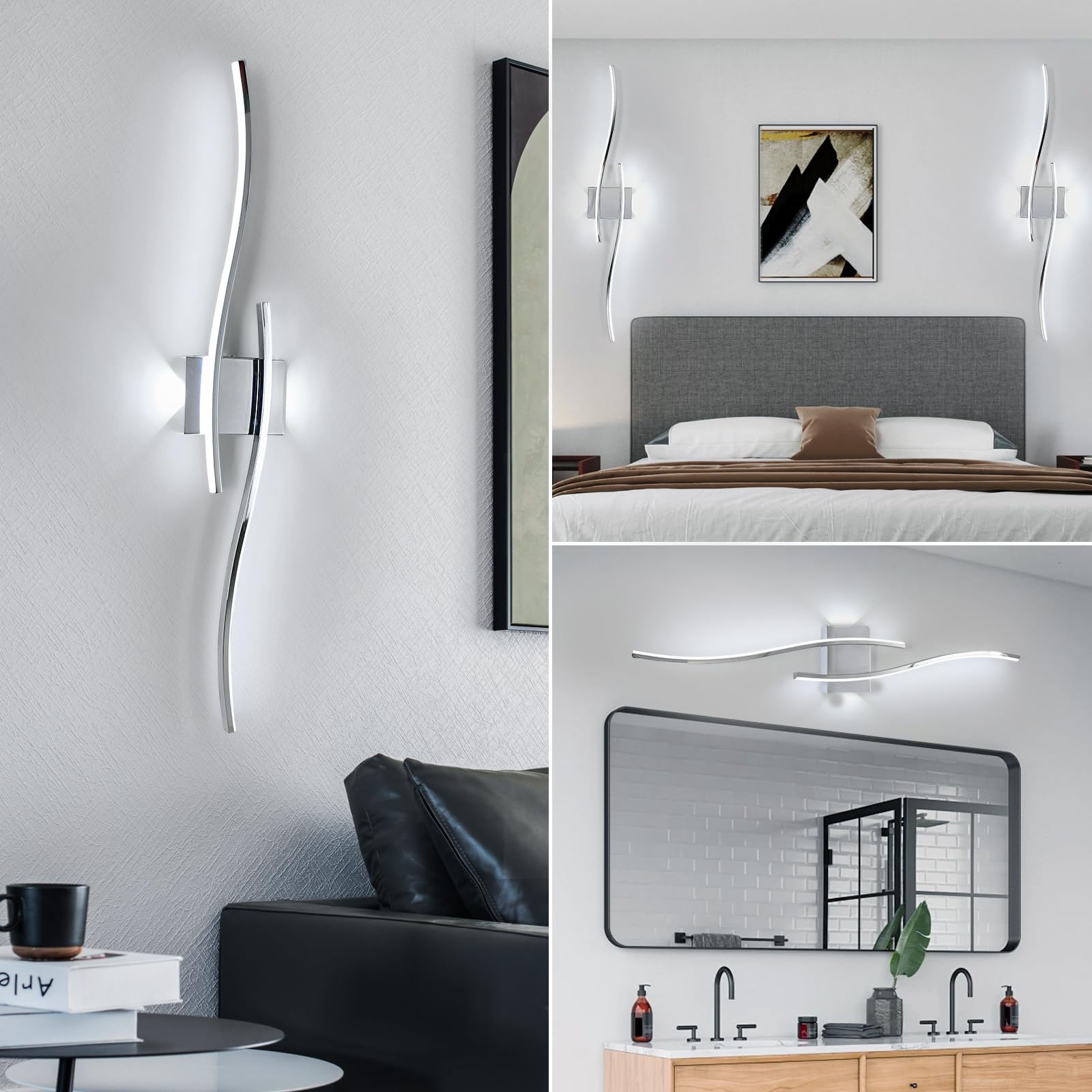 DELIPOP Applique da Parete Interno, 27W 2580LM Moderna Lampada da Parete LED, Lunga Lampade a Muro in Alluminio per Camera da Letto Soggiorno Corridoio Scala, Bianco Freddo 6500K | Lunga Lampade a Muro in Alluminio per Camera da Letto Soggiorno Corridoio