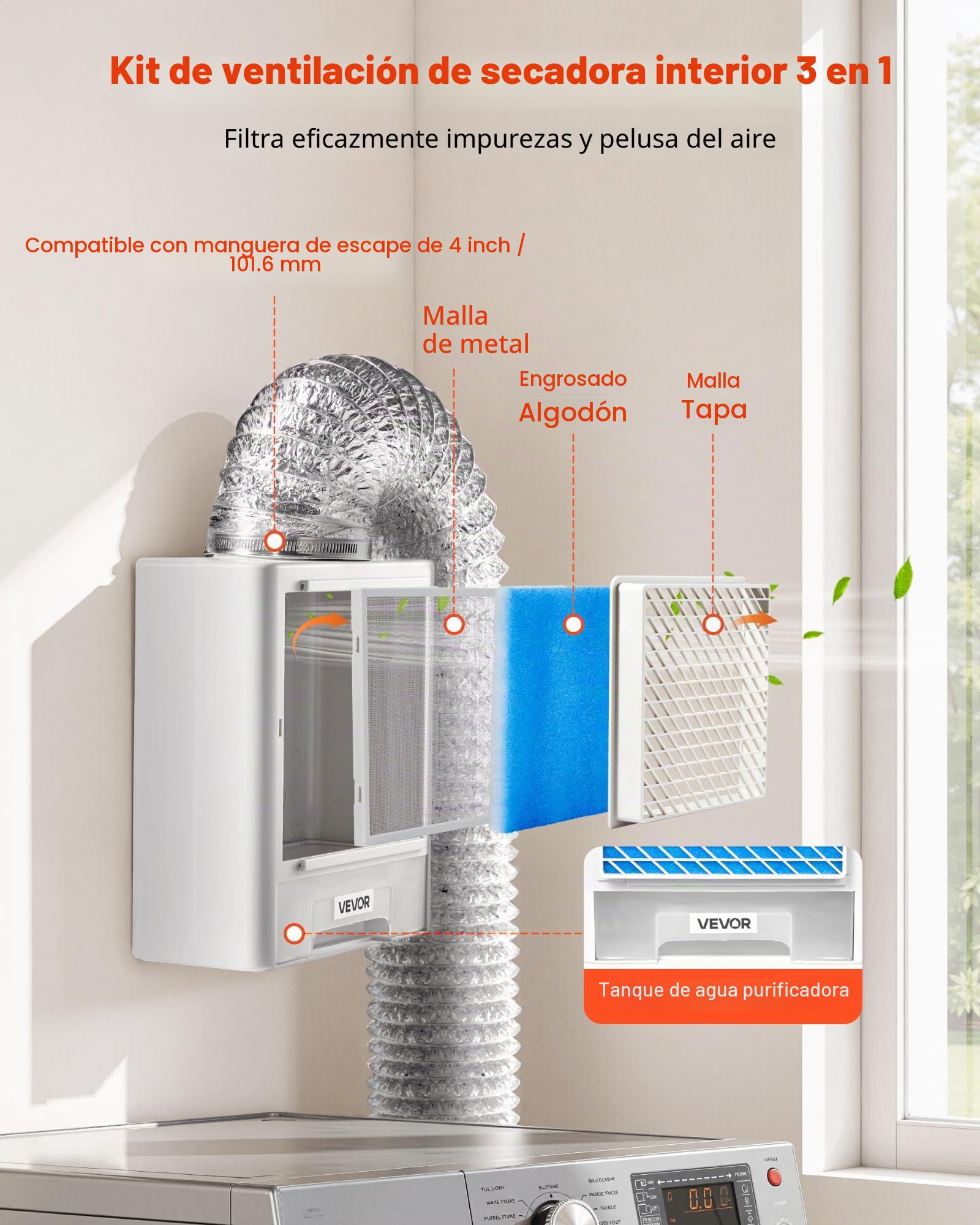 VEVOR Kit de Ventilación 3 en 1 para Secadora de Interior, con Cajón de Agua, a Puerto de Escape 99 mm, con Recordatorio Inteligente de Sobrecalentamiento y 4 Almohadillas Purificadoras, Blanco
