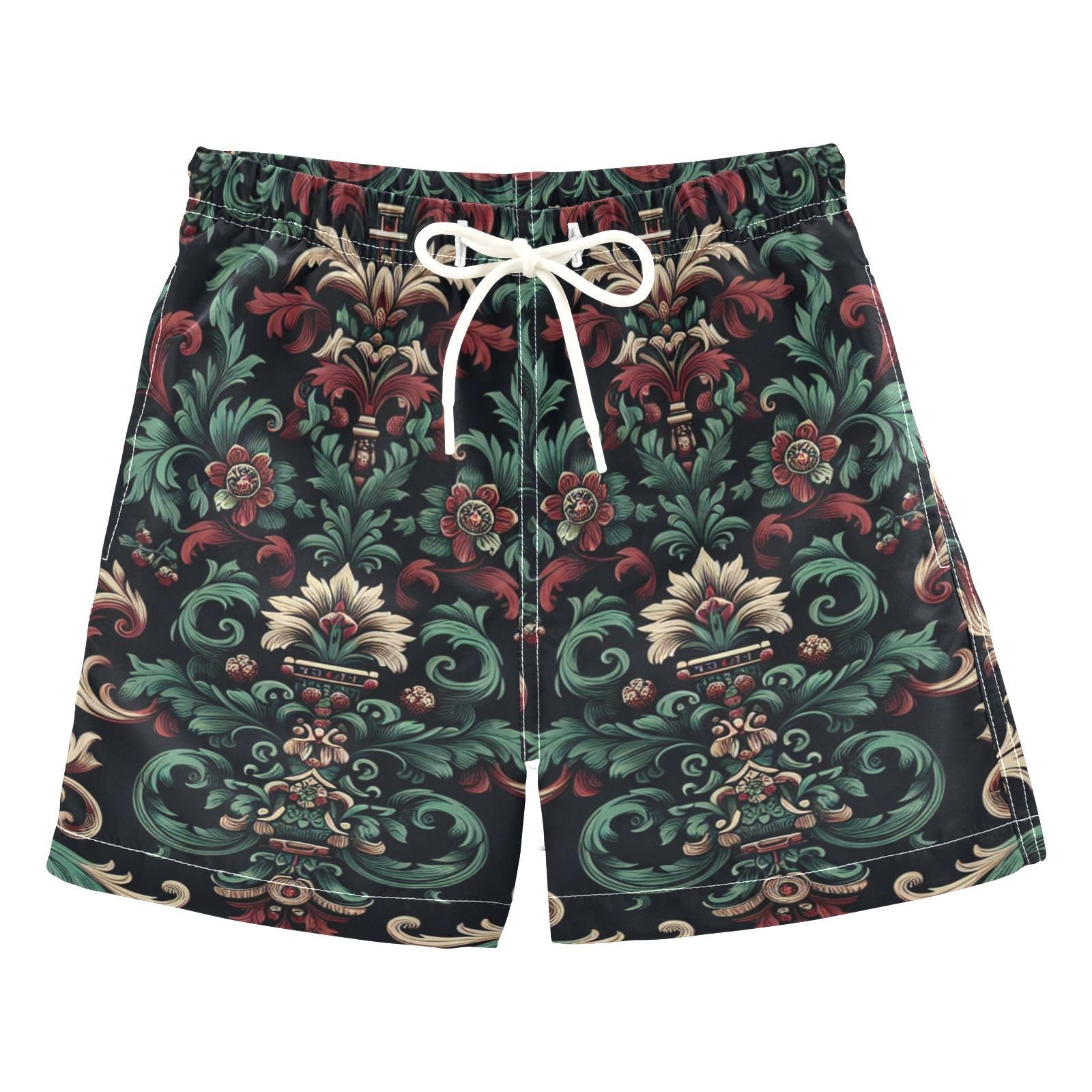 FLildon Red Black Baroque Floral Little Boys Swim Trunks with Mesh Lining Quick Dry Beach Board Shorts, 3T