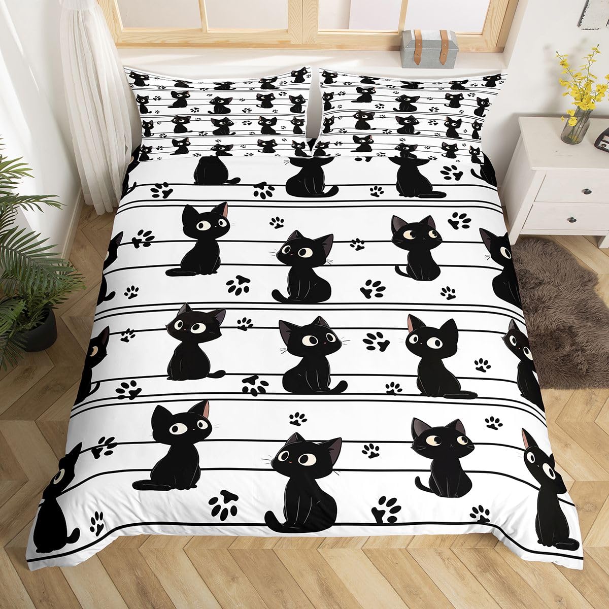 Homewish Dzieci czarny kot król zestawy pościeli na kołdrę urocze czarne koty poszewka na kołdrę kreskówka śmieszne koty łóżko zestaw kawaii kot łapa nadruk