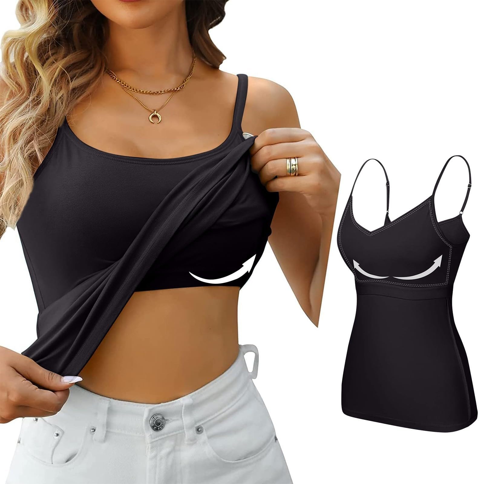 BUKKNYE Women's Cotton Camisole Tank Top with Shelf Bra Spaghetti Strap Basic Cami Undershirt Black