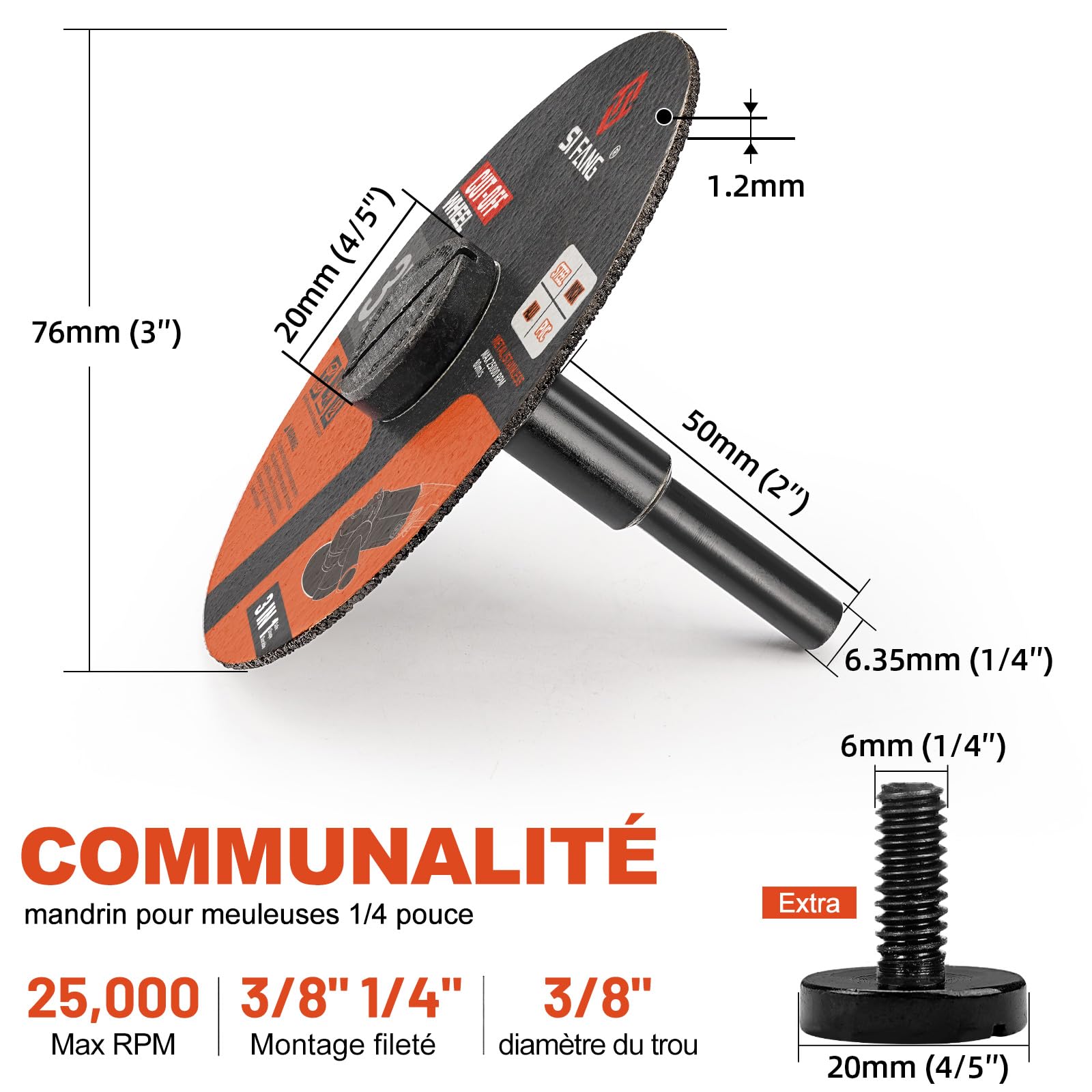 SI FANG - Juego de 10 ruedas de corte de 7,6 cm con mandril de montaje de 6,35 mm para amoladora de matriz, discos de corte de metal de 76 mm, discos de amoladora de 1,2 mm de grosor, para herramienta